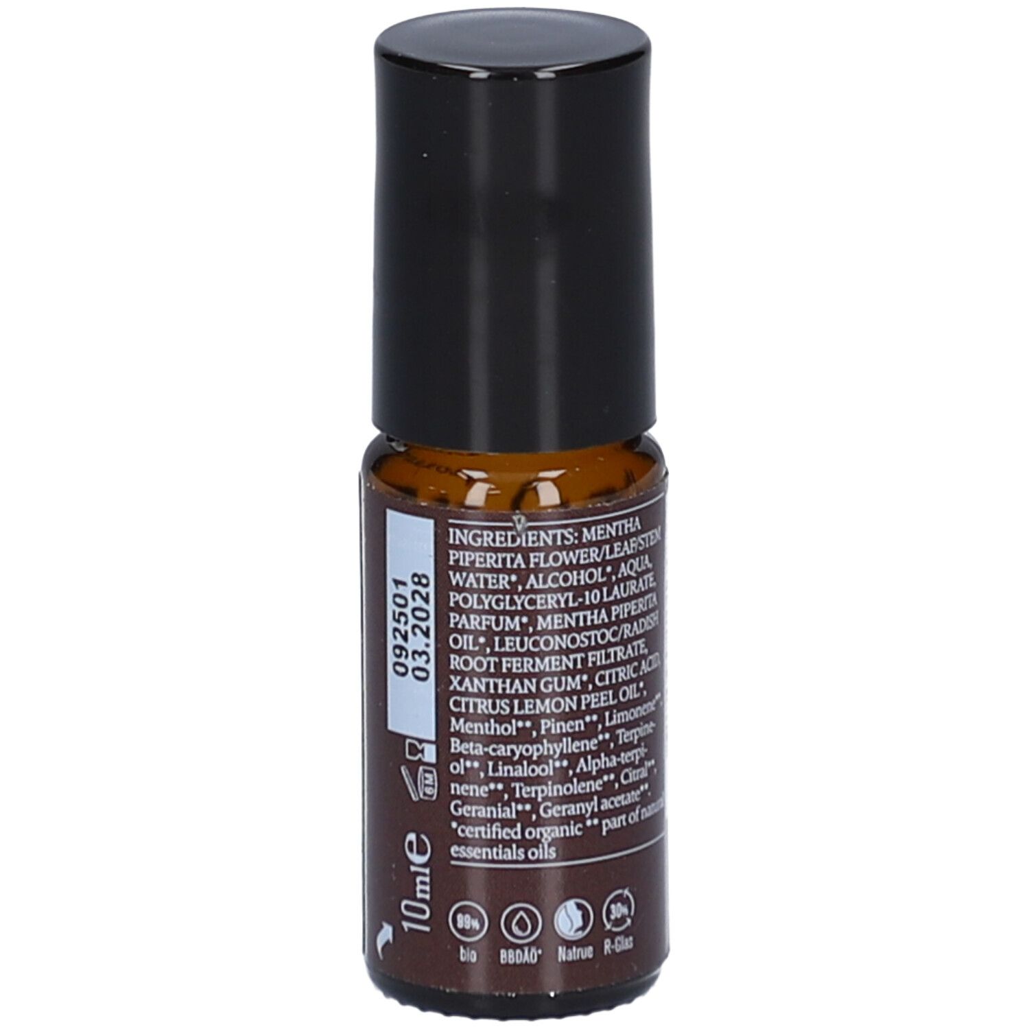 Braune Glasflasche mit schwarzem Deckel. Auf der Seite Inhaltsstoffe: Mentha Piperita, Aqua, Alcohol, etc. Mit 10ml Angabe und Zertifizierungen.