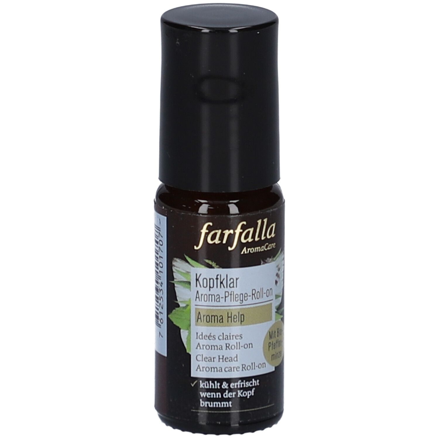 Braune Glasflasche mit schwarzem Deckel. Aufschrift: farfalla AromaCare, Kopfklar Aroma-Pflege-Roll-on, Aroma Help. Mit Bio-Pfefferminze.