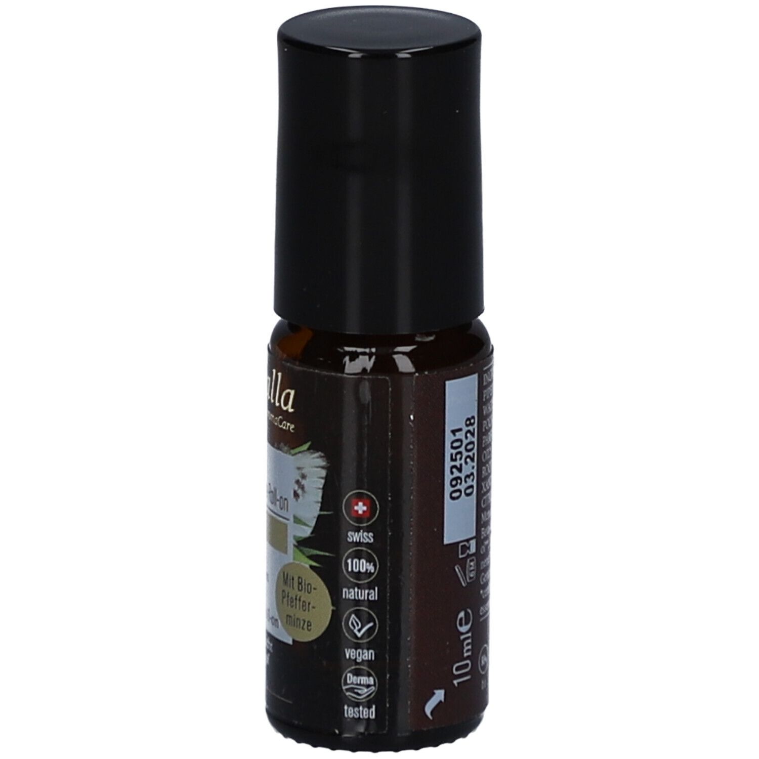 Braune Glasflasche mit schwarzem Deckel. Aufschrift: farfalla AromaCare, Kopfklar Aroma-Pflege-Roll-on. Mit Bio-Pfefferminze, 100% natural, vegan.
