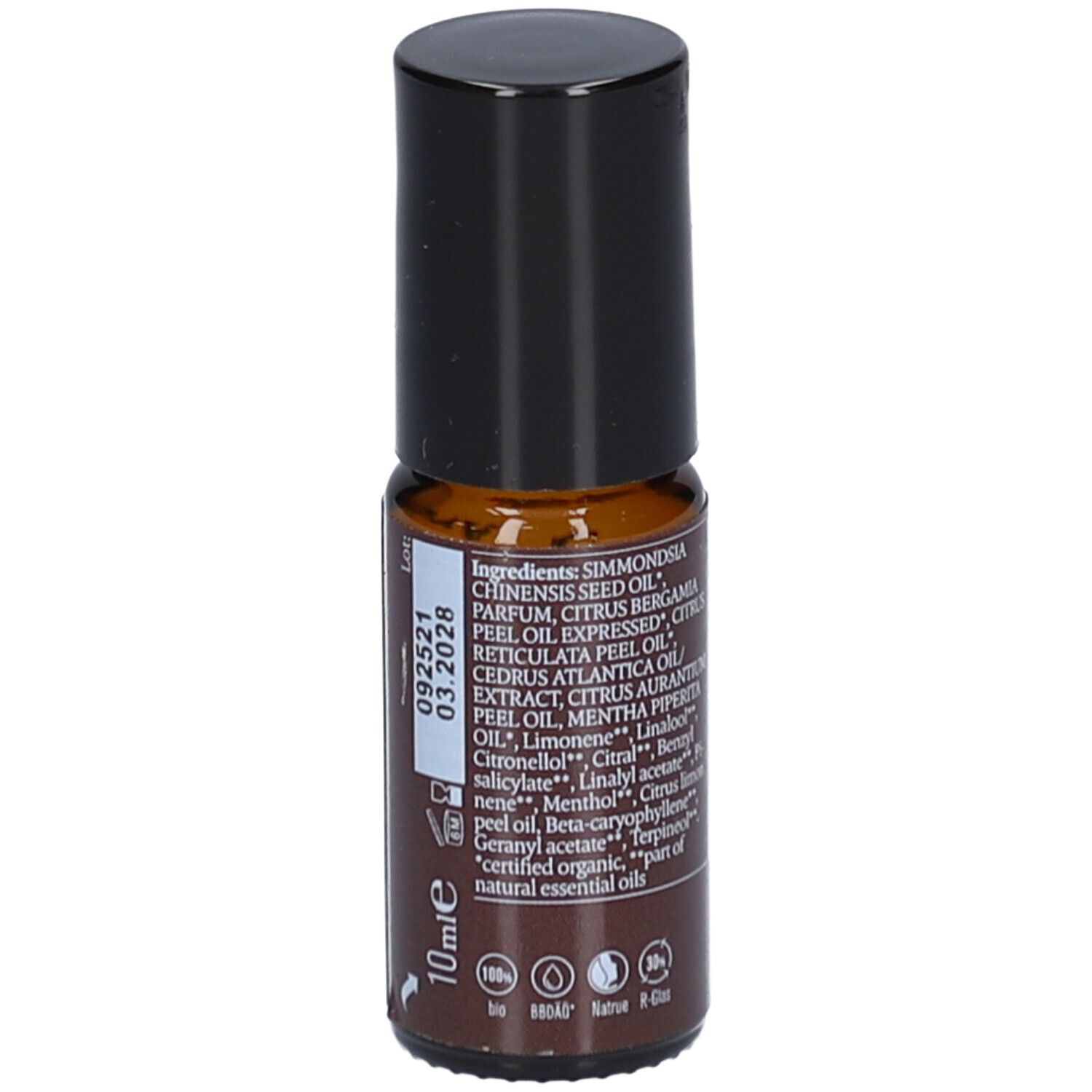 Flacon en verre brun avec bouchon noir. Dos avec ingrédients, numéro de lot et date de péremption. Inscription : 10ml.