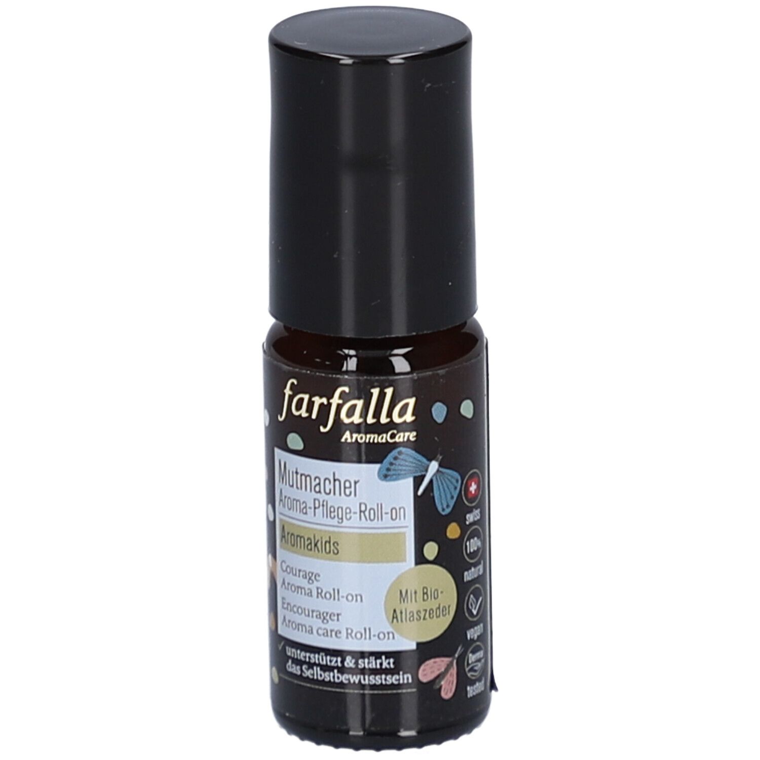 Flacon en verre brun avec bouchon noir. Inscription : farfalla, Mutmacher Aroma-Pflege-Roll-on, Aromakids. Avec cèdre de l'Atlas bio.