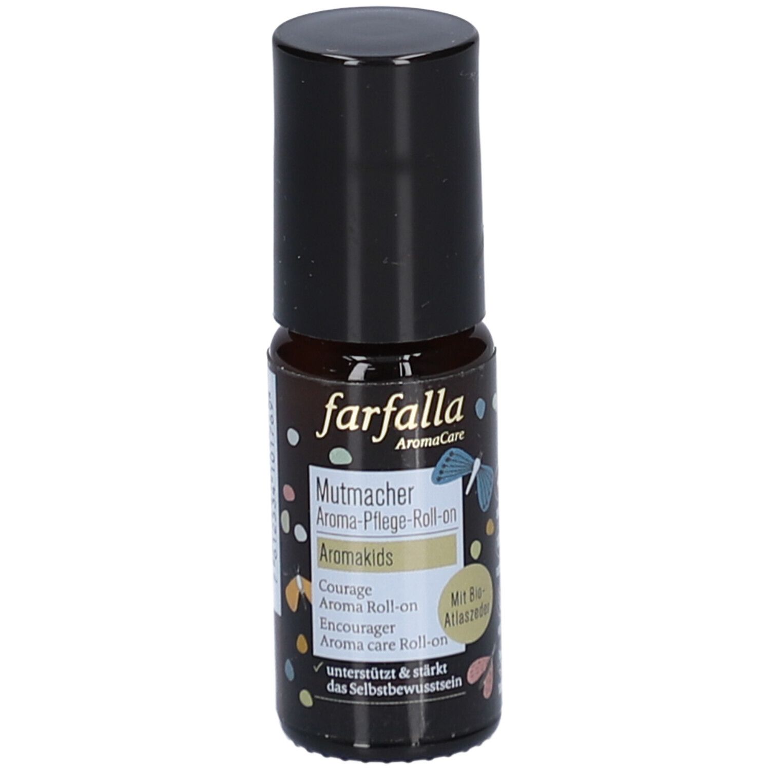 Flacon en verre brun avec bouchon noir. Inscription : farfalla, Mutmacher Aroma-Pflege-Roll-on, Aromakids. Avec cèdre de l'Atlas bio.