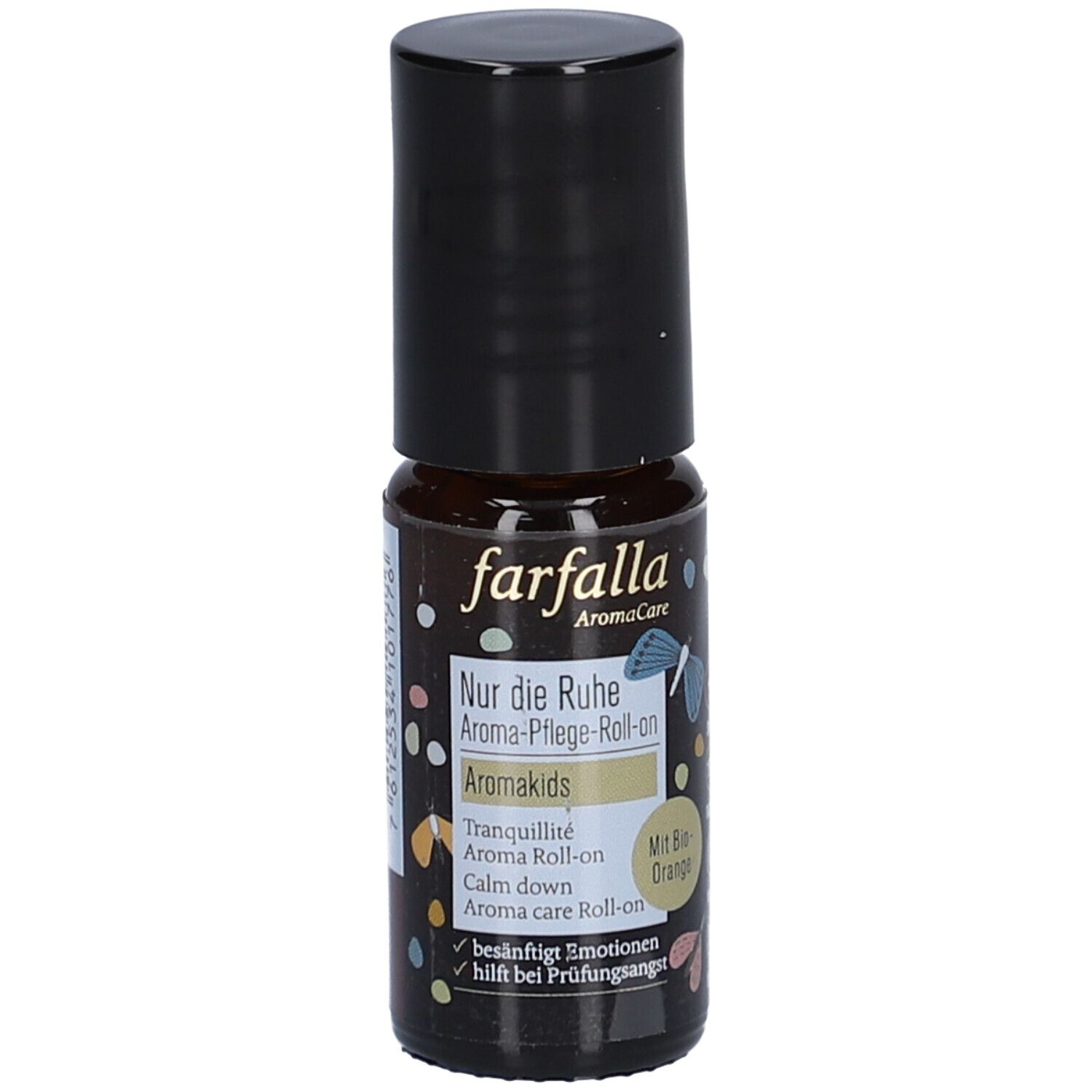 Flacon en verre brun avec bouchon noir. Inscription : farfalla AromaCare, Nur die Ruhe Aroma-Pflege-Roll-on, Aromakids. Avec Bio-Orange.