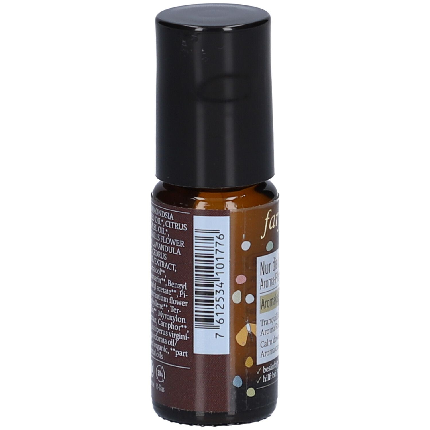 Flacon en verre brun avec bouchon noir. Inscription : farfalla. Code-barres et ingrédients. Dos avec ingrédients et code-barres.