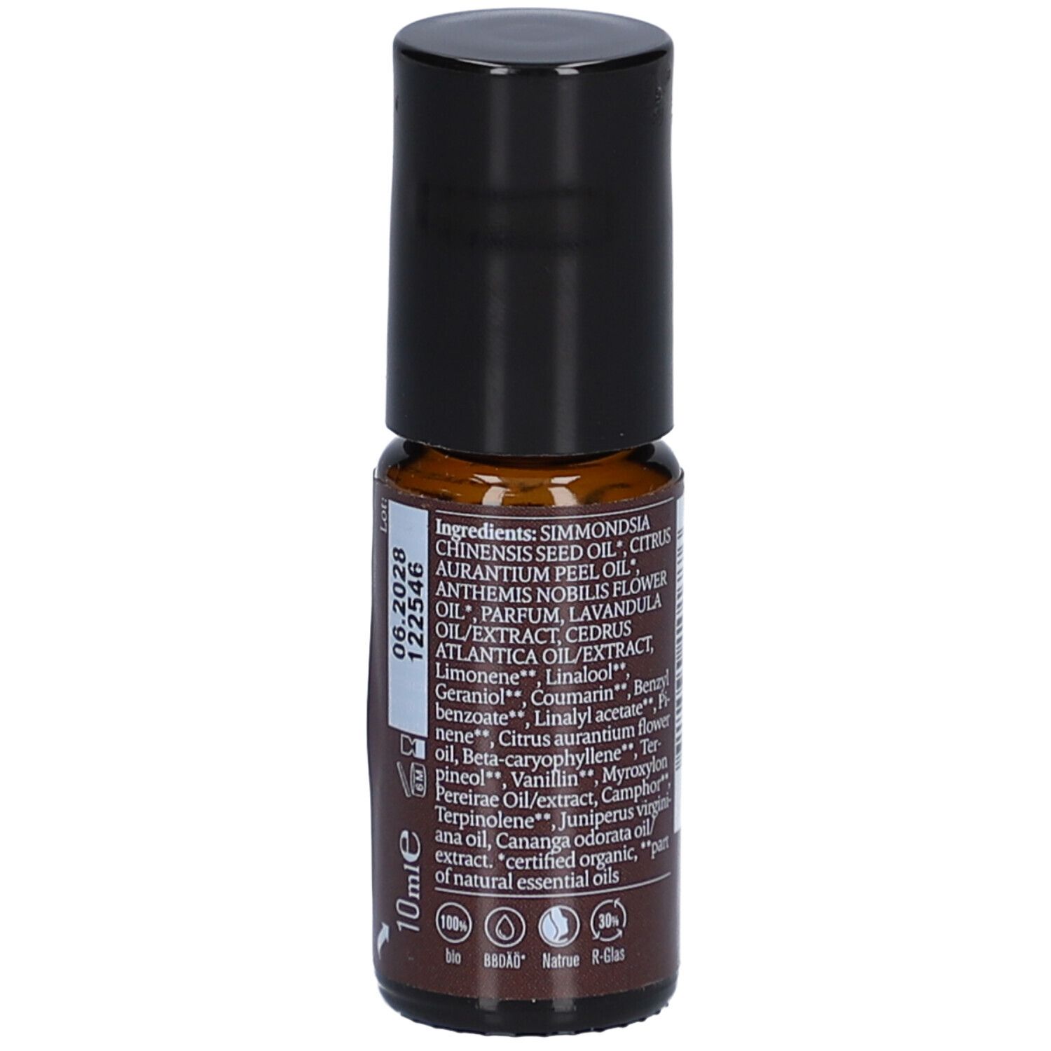 Flacon en verre brun avec bouchon noir. Inscription : Ingrédients, 10 ml, 06.2028. Dos avec ingrédients et date de péremption.