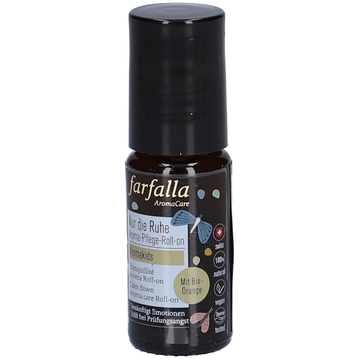 Flacon en verre brun avec bouchon noir. Inscription : farfalla AromaCare, Nur die Ruhe Aroma-Pflege-Roll-on, Aromakids. Avec Bio-Orange.