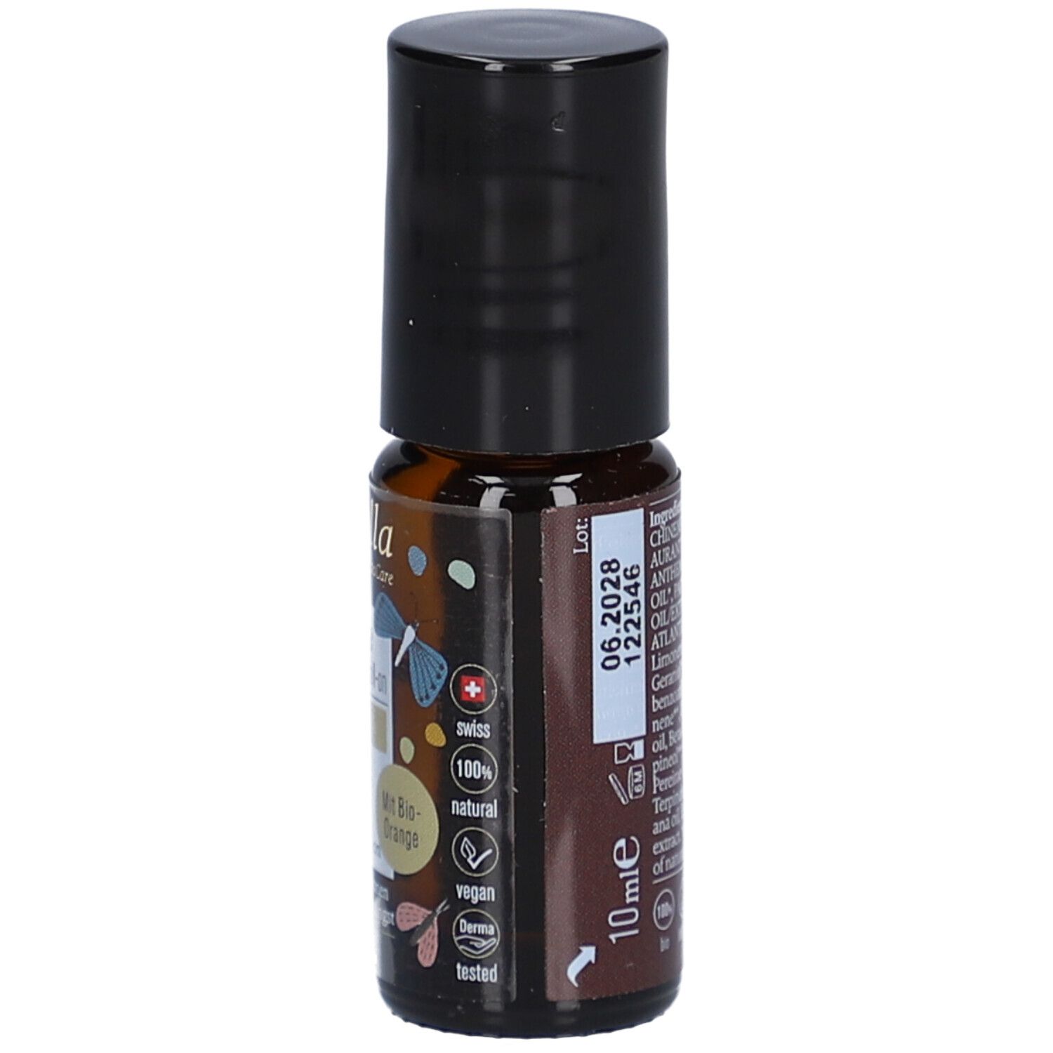 Flacon en verre brun avec bouchon noir. Inscription : 10 ml, 06.2028. Dos avec ingrédients et date de péremption.