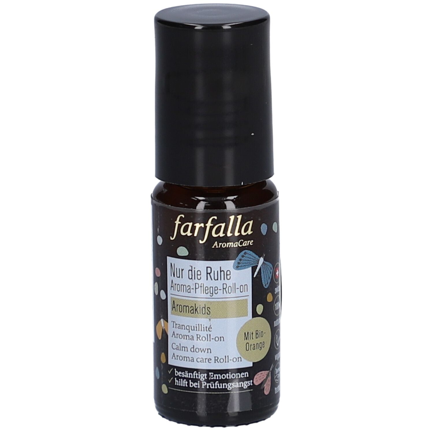 Flacon en verre brun avec bouchon noir. Inscription : farfalla AromaCare, Nur die Ruhe Aroma-Pflege-Roll-on, Aromakids. Avec Bio-Orange.