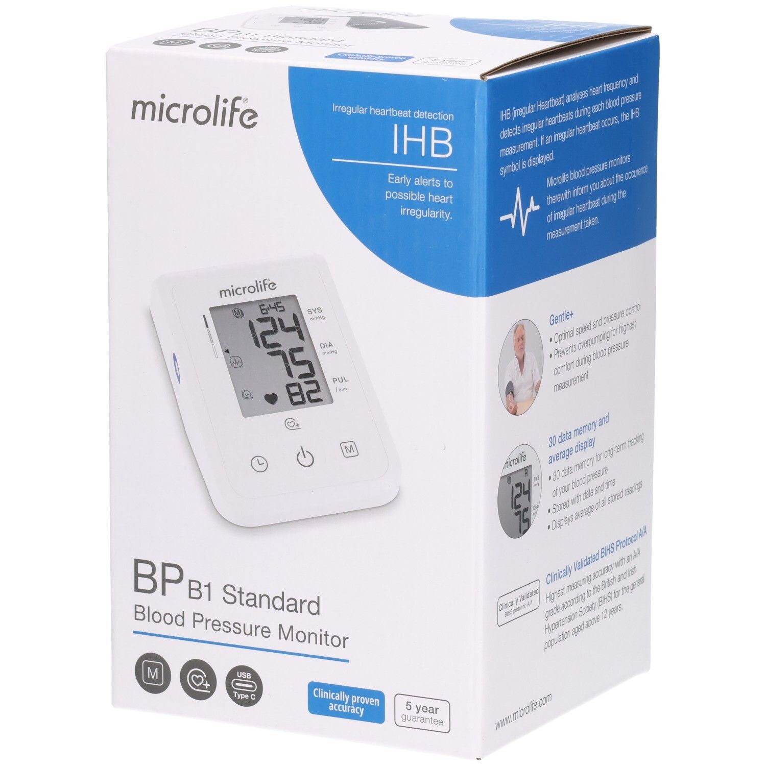 Verpackung des Microlife B1 Standard Blutdruckmessgeräts mit digitaler Anzeige und Tasten.