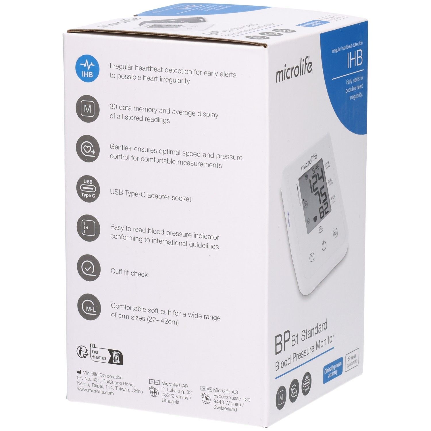 Rückseite der Verpackung des Microlife B1 Standard Blutdruckmessgeräts mit Funktionen und Symbolen.