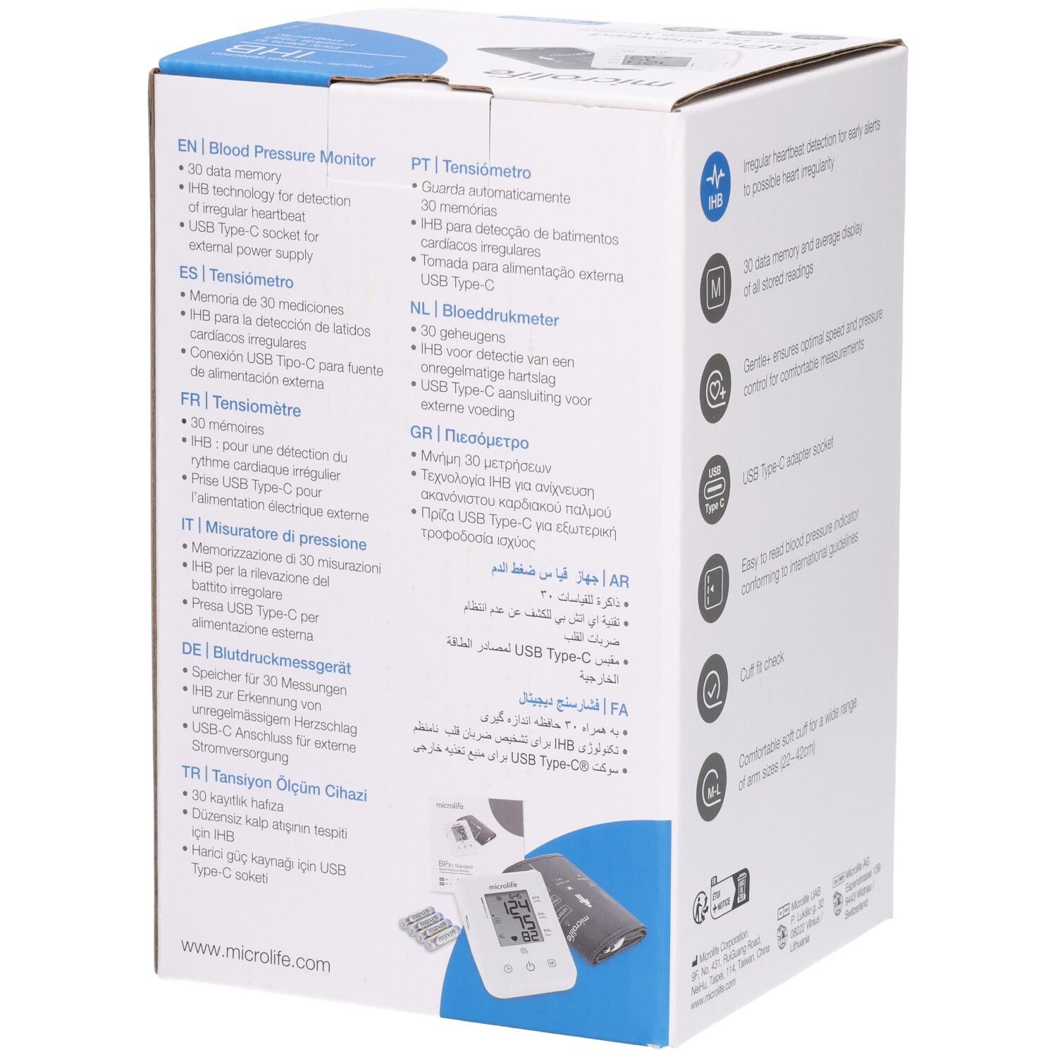 Seitenansicht der Verpackung des Microlife B1 Standard Blutdruckmessgeräts mit mehrsprachigen Produktinformationen.