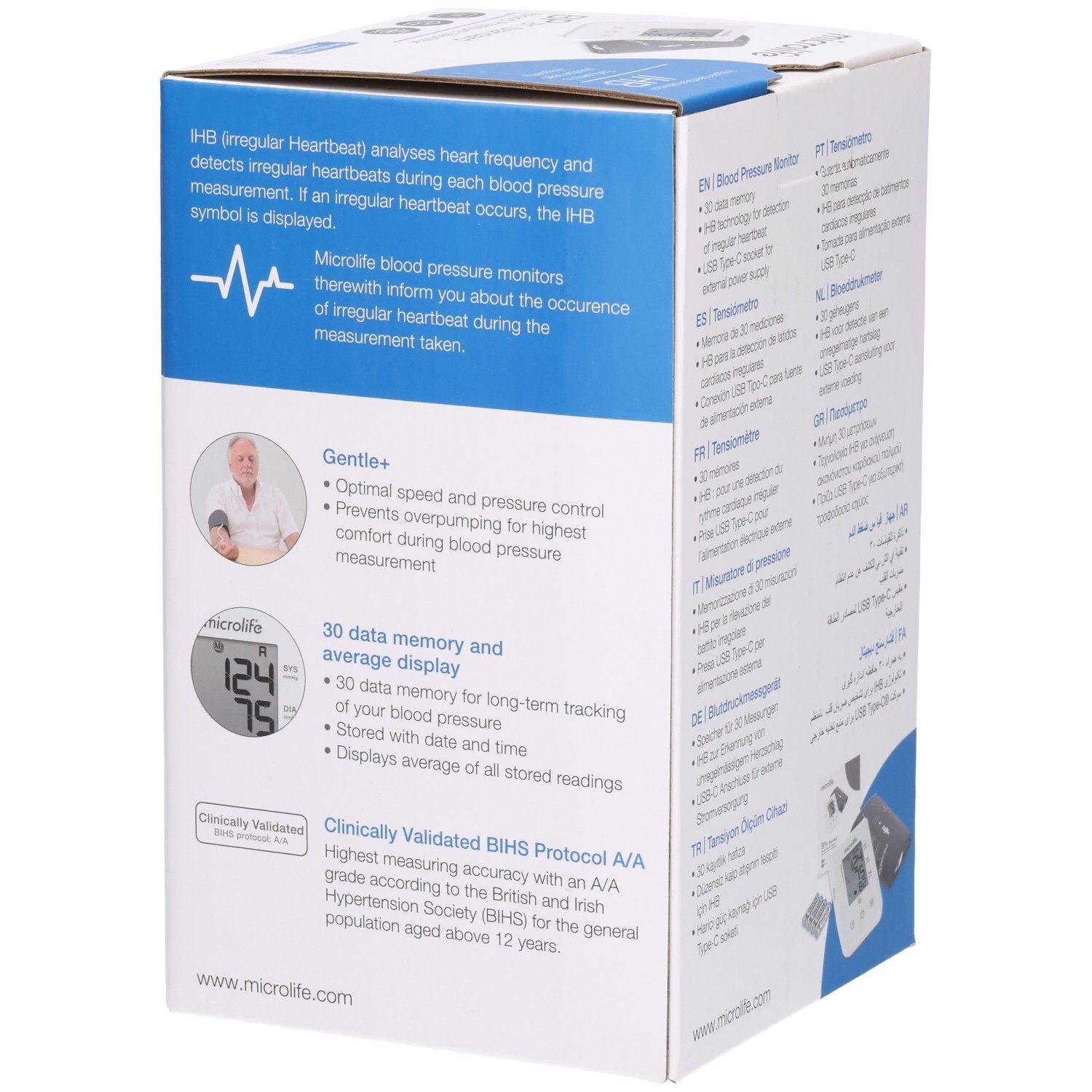 Seitenansicht der Verpackung des Microlife B1 Standard Blutdruckmessgeräts mit Details zu IHB und Gentle+ Technologie.
