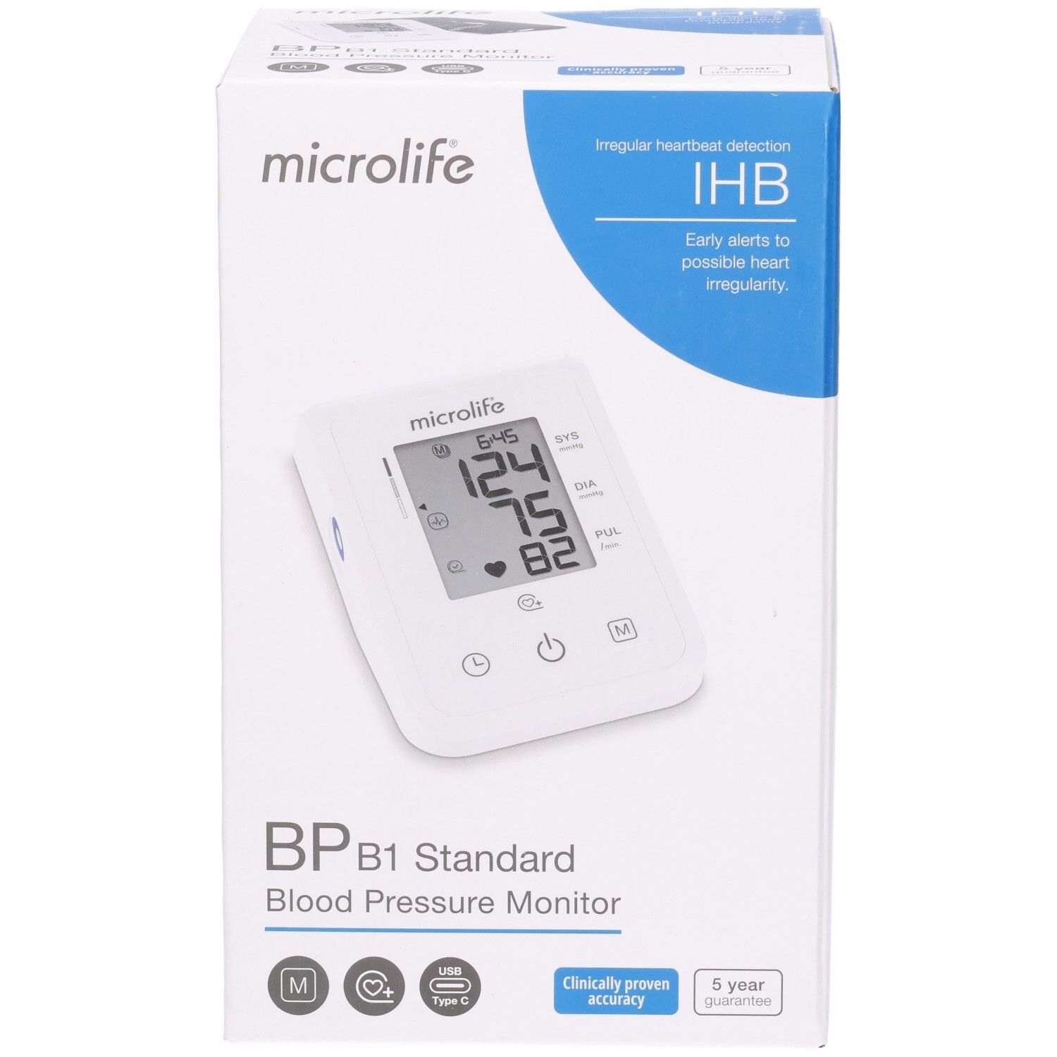Vorderseite der Verpackung des Microlife B1 Standard Blutdruckmessgeräts mit digitaler Anzeige.