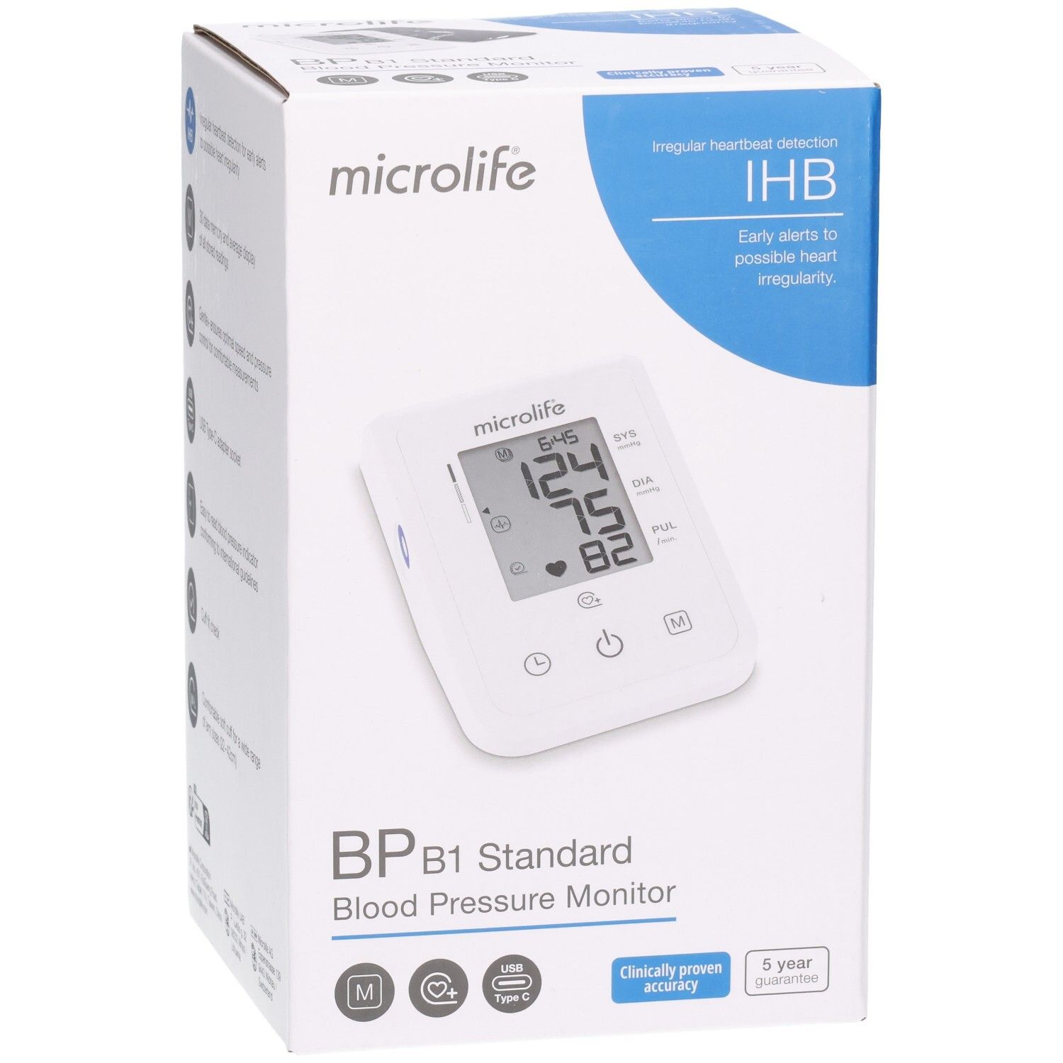 Vorderseite der Verpackung des Microlife B1 Standard Blutdruckmessgeräts mit digitaler Anzeige und Produktmerkmalen.