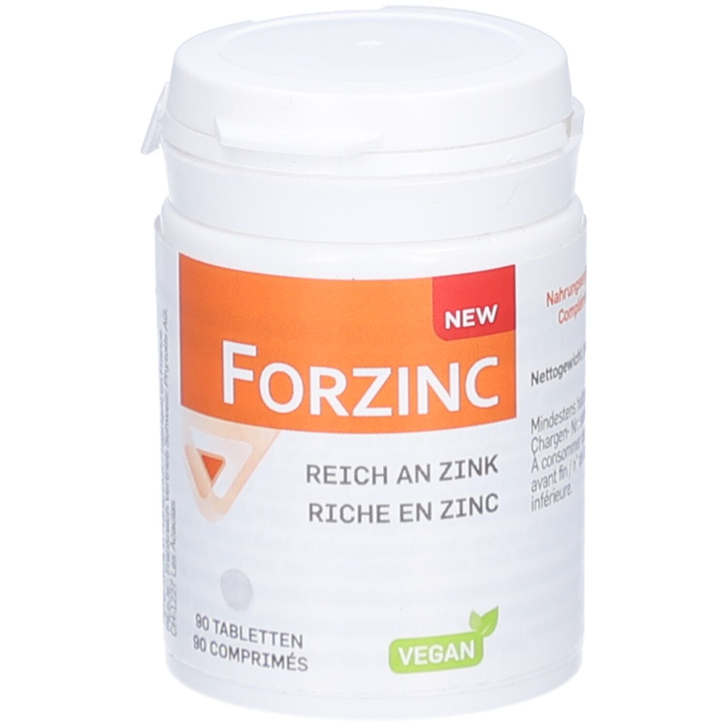Weiße Dose mit Deckel. Orangefarbenes Etikett mit "Forzinc", "Reich an Zink" und "Vegan". Enthält 90 Tabletten.