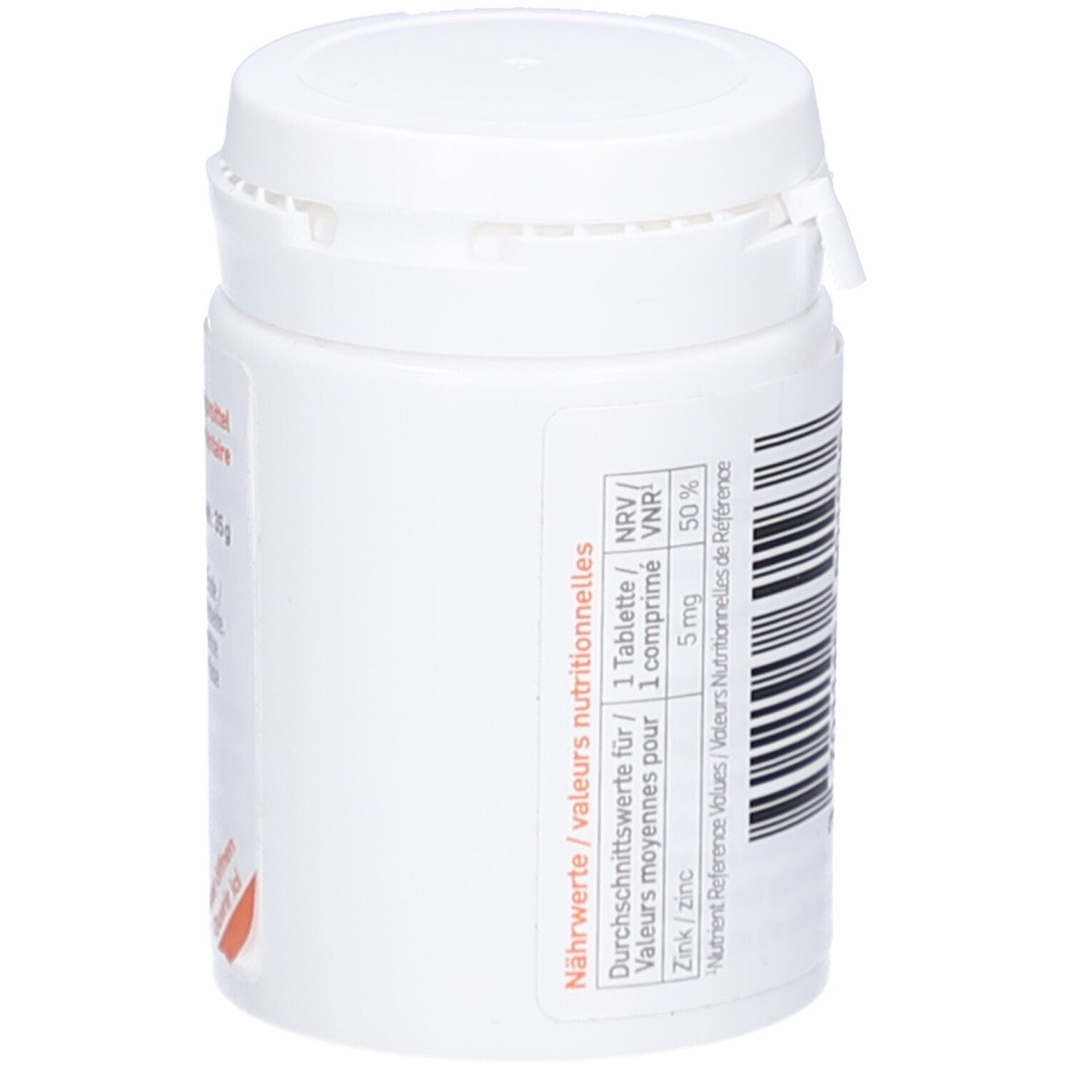 Weiße Dose mit Deckel. Detailansicht der Rückseite mit Nährwertangaben für Zink.