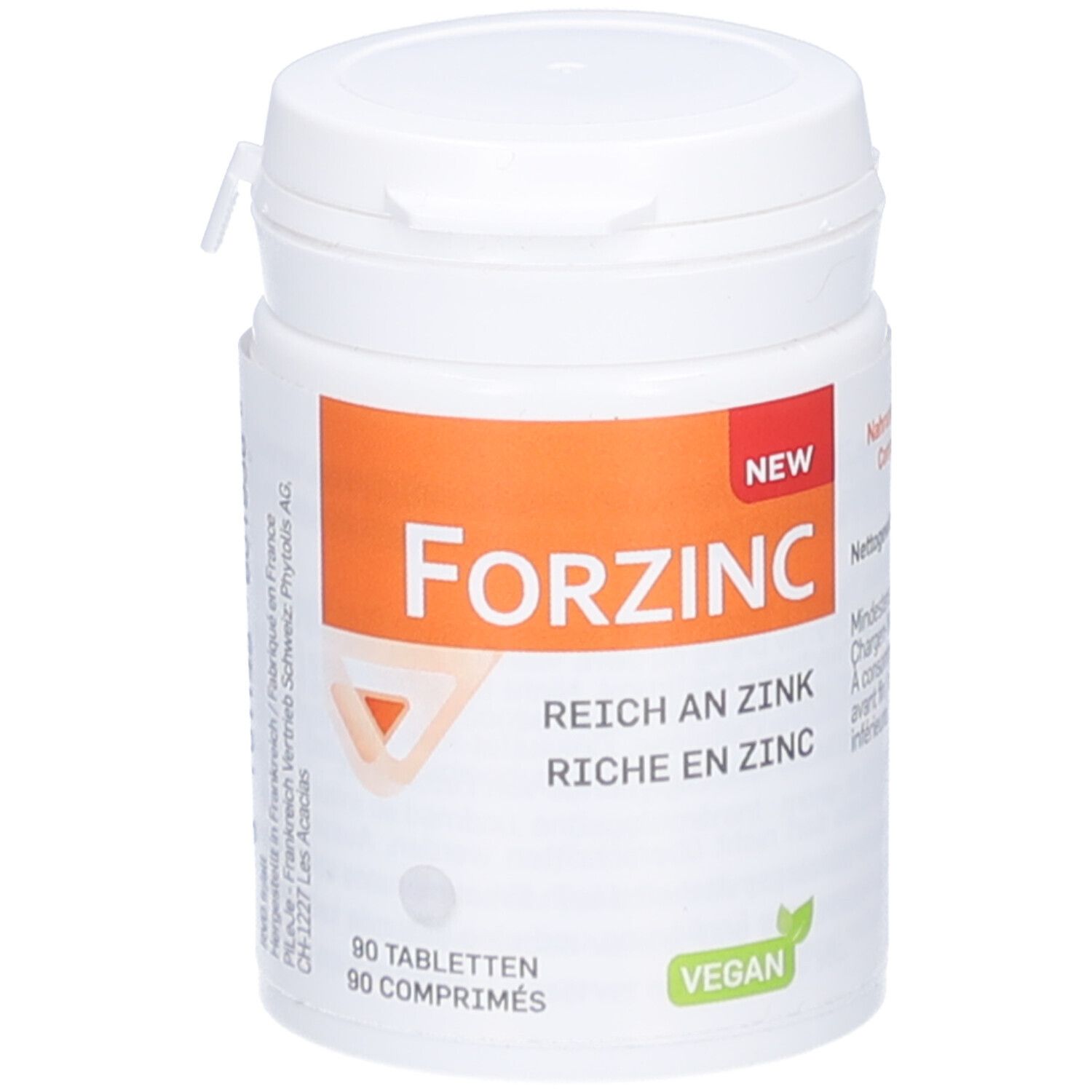 Weiße Dose mit Deckel. Orangefarbenes Etikett mit "Forzinc", "Reich an Zink" und "Vegan". Enthält 90 Tabletten.