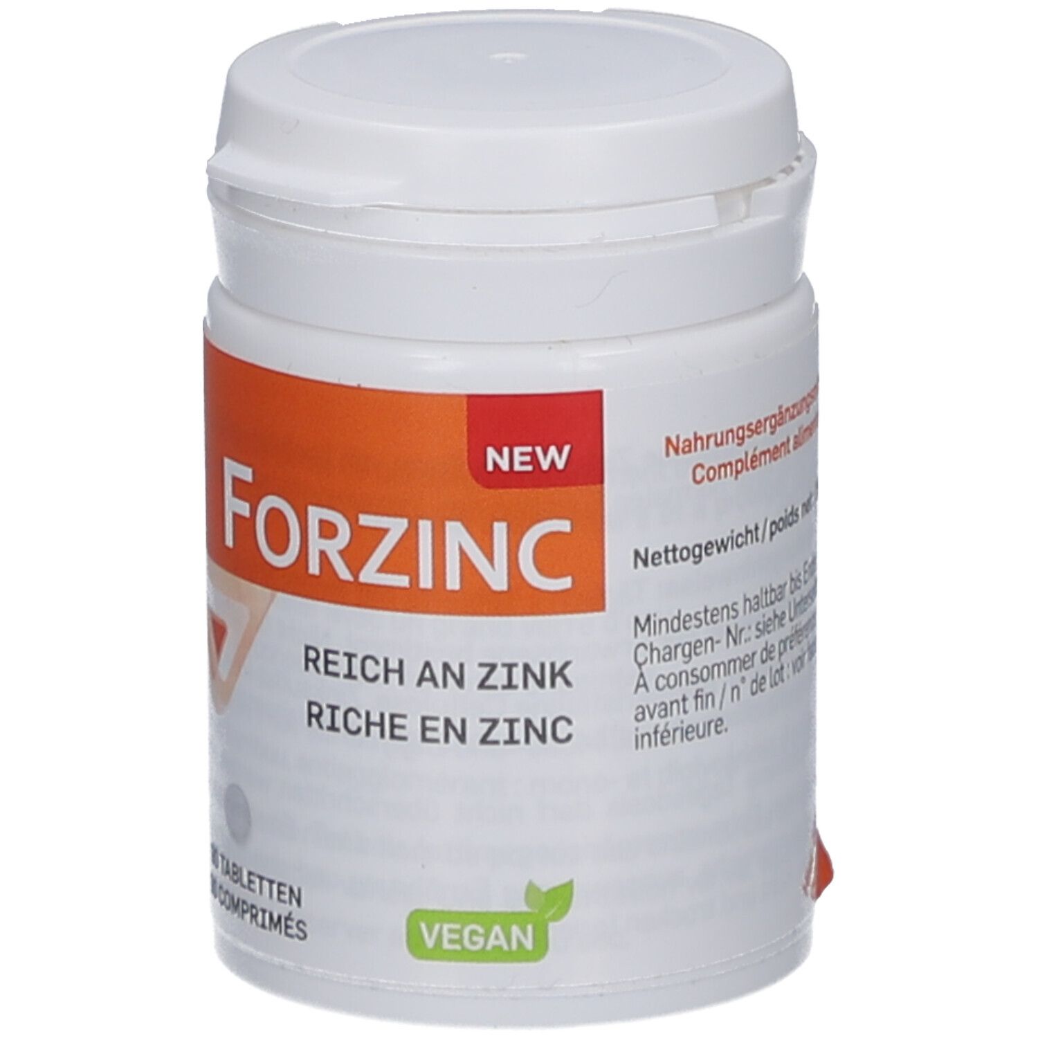 Weiße Dose mit Deckel. Orangefarbenes Etikett mit "Forzinc", "Reich an Zink" und "Vegan".