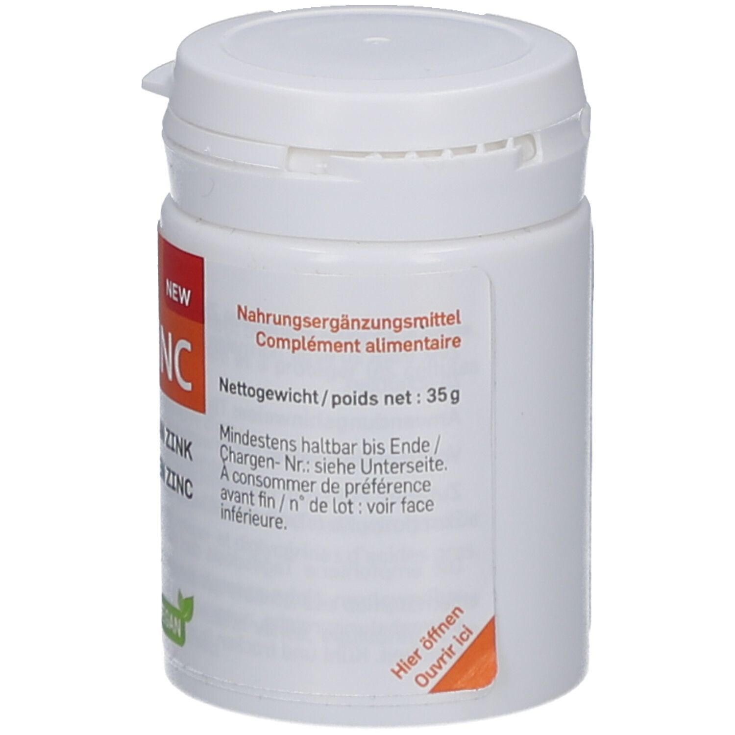 Weiße Dose mit Deckel. Rückseite mit Informationen, darunter Nettogewicht und Mindesthaltbarkeit.