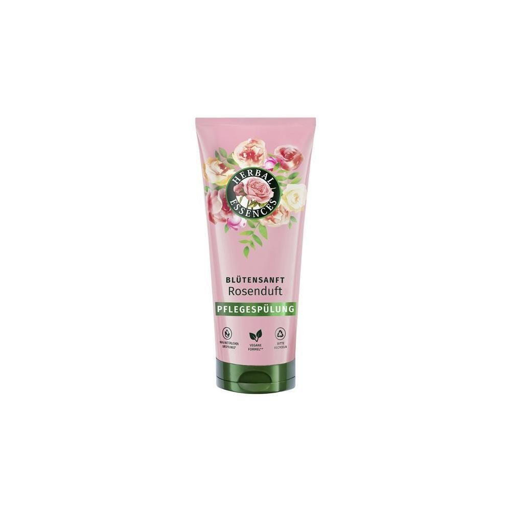 Tube rose avec motif floral et nom du produit. Écriture verte et blanche. Marque: HERBAL ESSENCES. Texte: Blütensanft Rosenduft Pflegespülung.