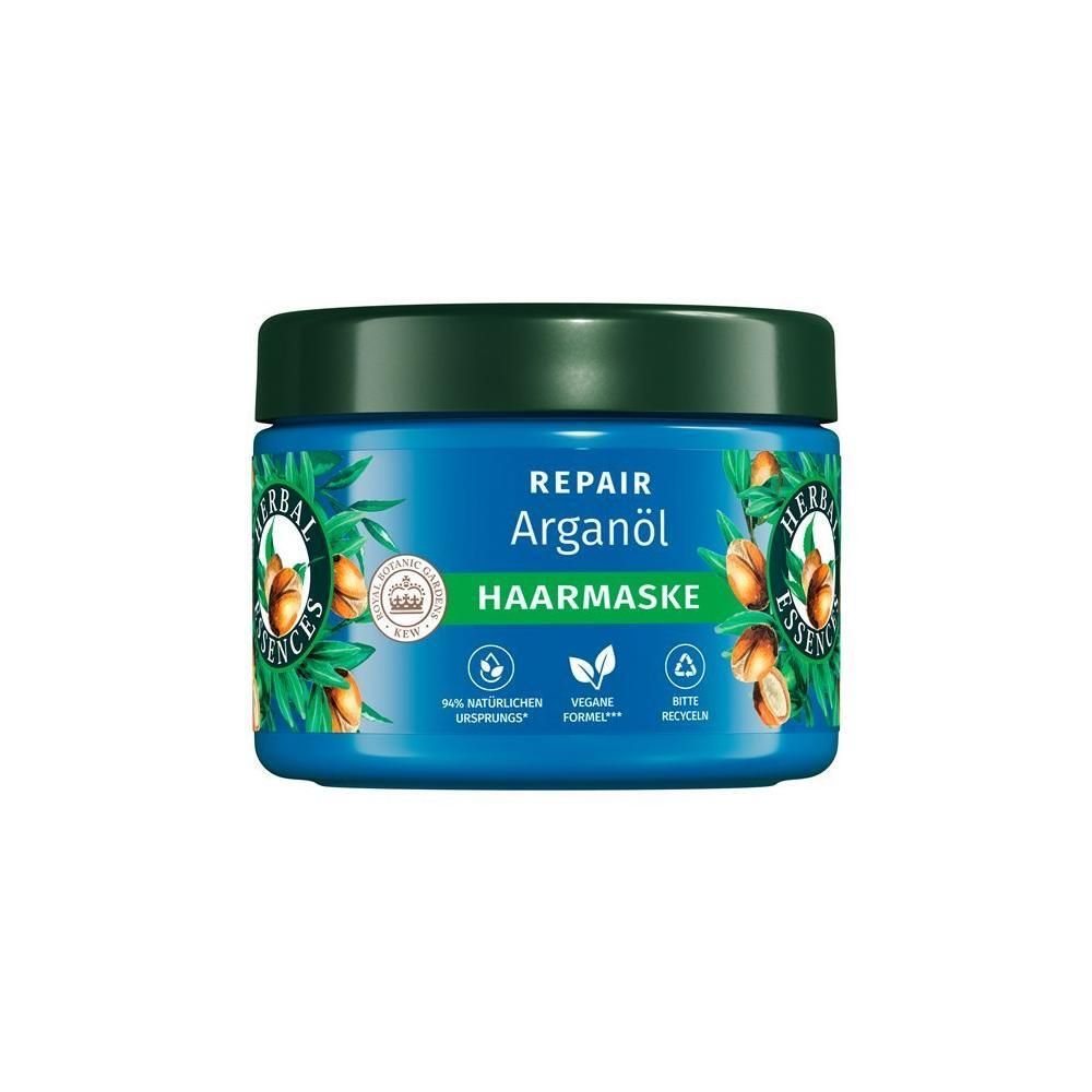 Pot bleu avec couvercle vert. Inscription: Repair Arganöl Haarmaske. Logo: Herbal Essences. Avec motif d'argan et sceau.