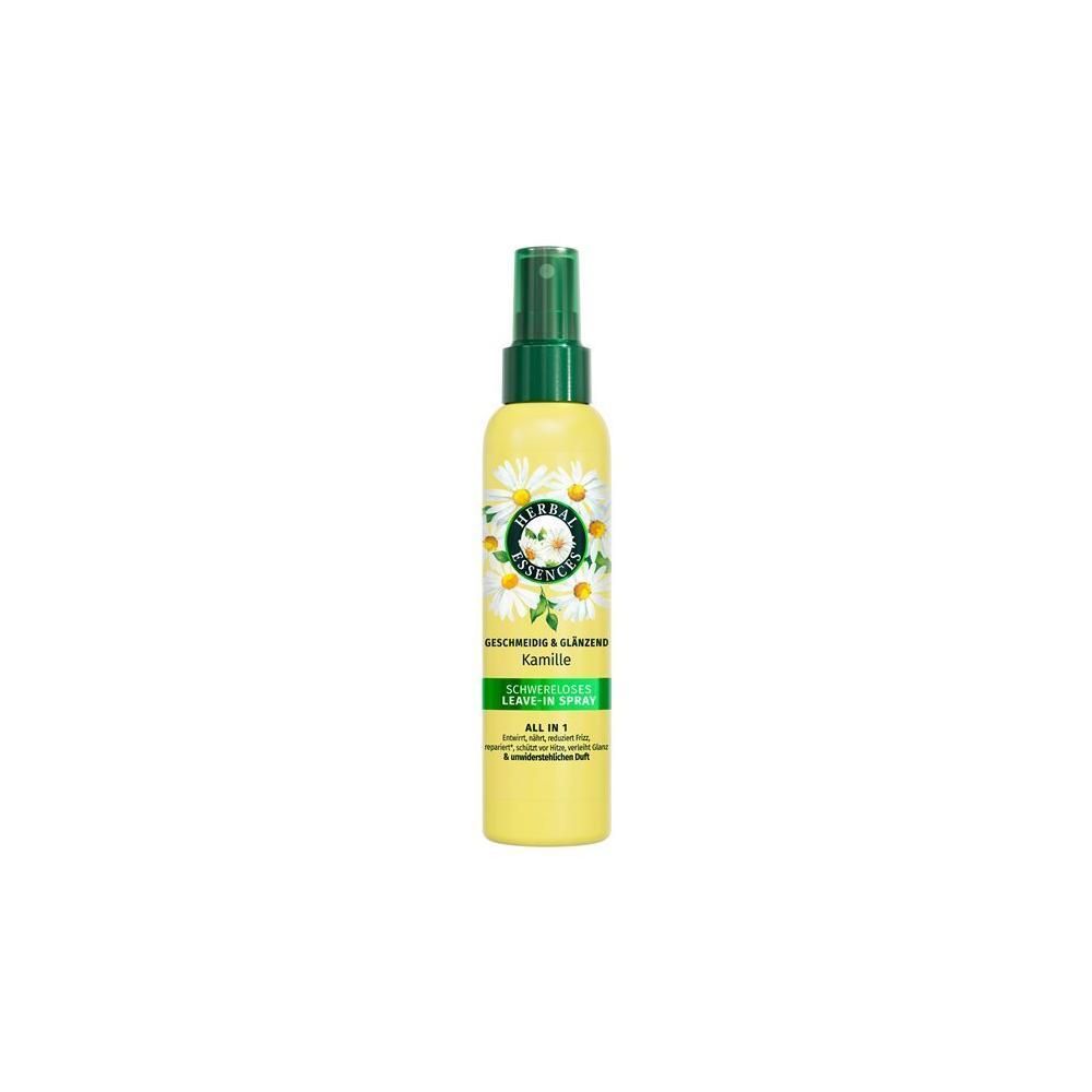 Flacon jaune avec vaporisateur vert. Inscription: HERBAL ESSENCES, Camomille. Nom du produit et décor de fleurs de camomille.