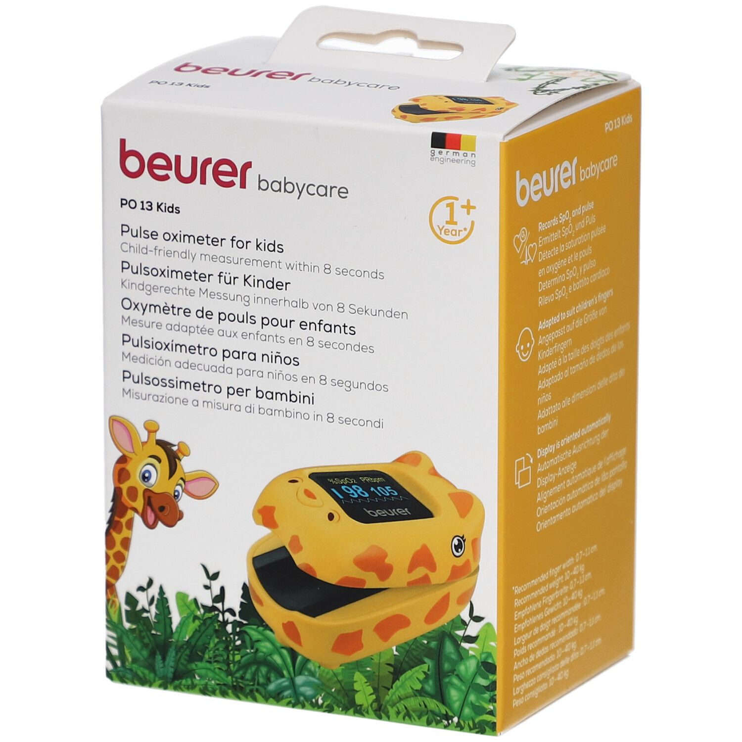 Gelb-orange Pulsoximeter für Kinder in Verpackung. Marke: beurer babycare. Mit Giraffen-Design. 1+ Jahr Garantie.