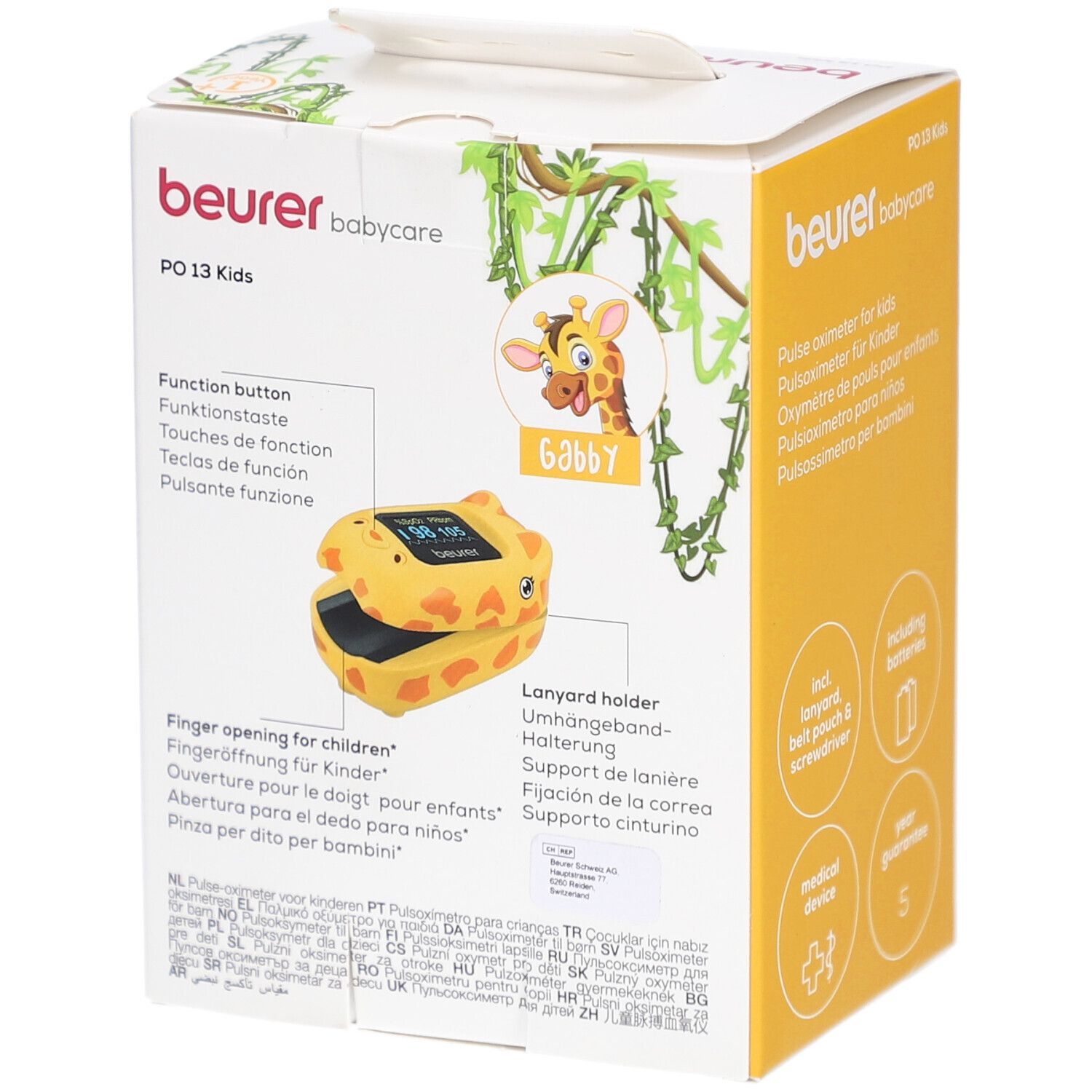 Verpackung des Pulsoximeters für Kinder. Mit Funktionstaste, Fingeröffnung und Lanyard-Halterung. Giraffen-Design.