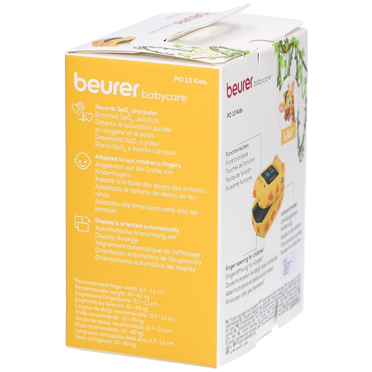 Verpackung des Pulsoximeters für Kinder. Zeigt SpO2 und Puls. Geeignet für Kinderfinger. Automatische Display-Anzeige.