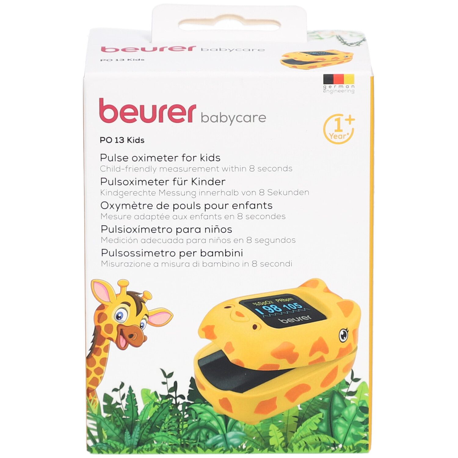 Pulsoximeter für Kinder in Verpackung. Gelb-orange mit Giraffen-Design. Zeigt Werte auf Display. Marke: beurer babycare.