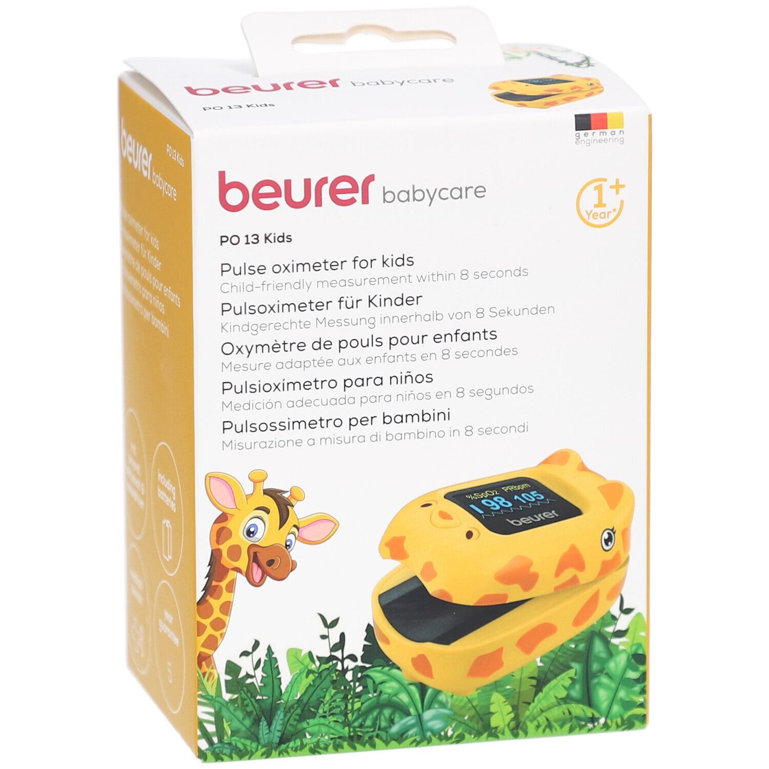 Pulsoximeter für Kinder in Verpackung. Gelb-orange mit Giraffen-Design. Zeigt Werte auf Display. Marke: beurer babycare.