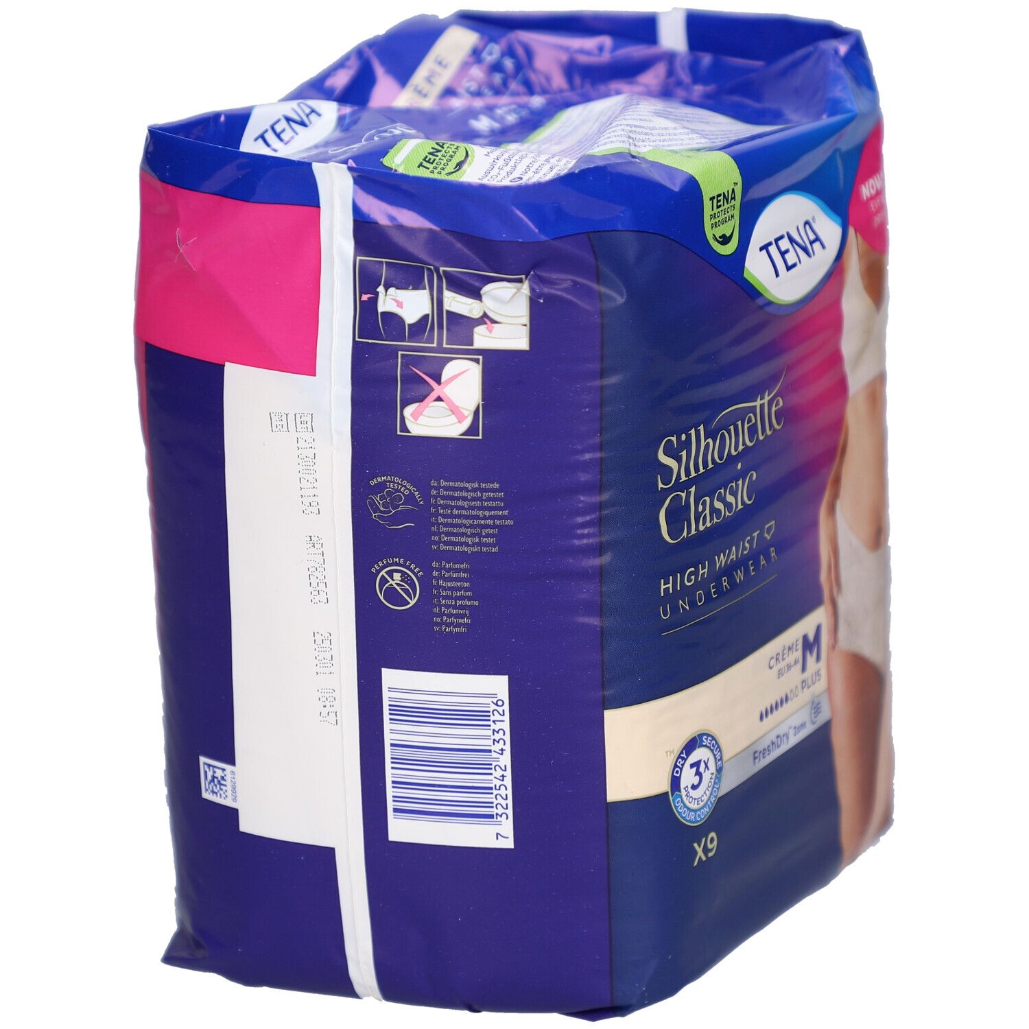 Rückseite der Verpackung von TENA Silhouette Classic Plus M. Zeigt Produktinformationen und Barcode.