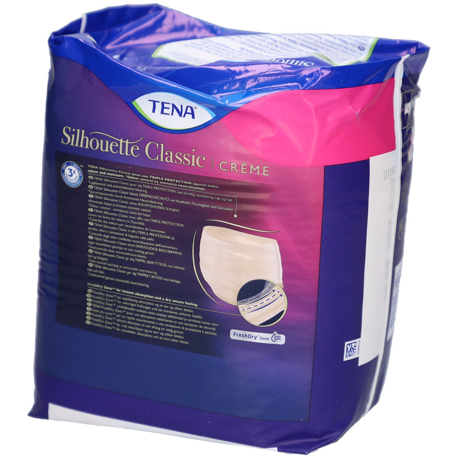 Verpackung von TENA Silhouette Classic Plus creme. Produktinformationen und ein Produktbeispiel.