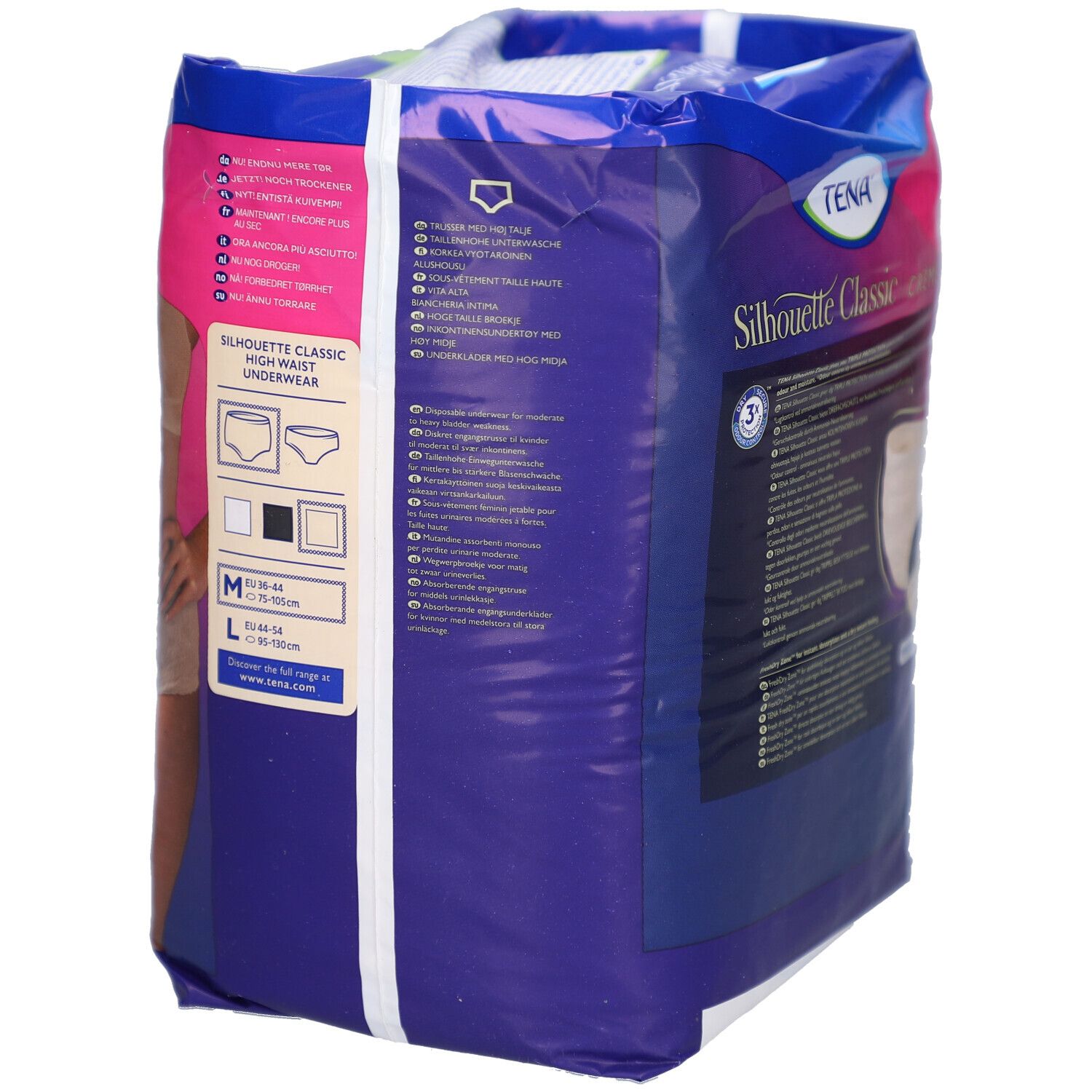 Rückseite der Verpackung von TENA Silhouette Classic Plus M. Größenangaben und Produktinformationen.