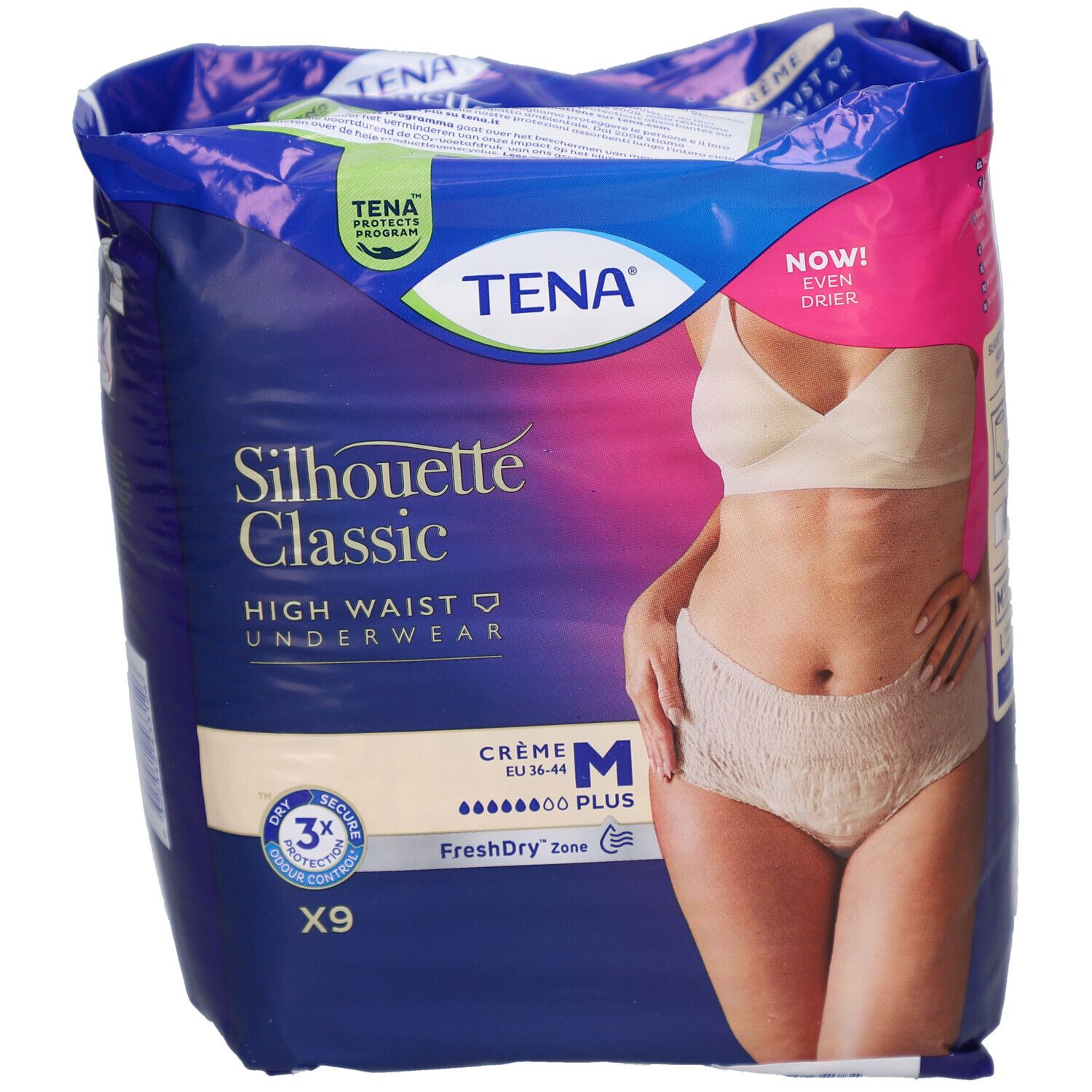 Verpackung von TENA Silhouette Classic Plus M creme. Zeigt ein Model. Enthält 9 Stück. Mit FreshDry Zone.