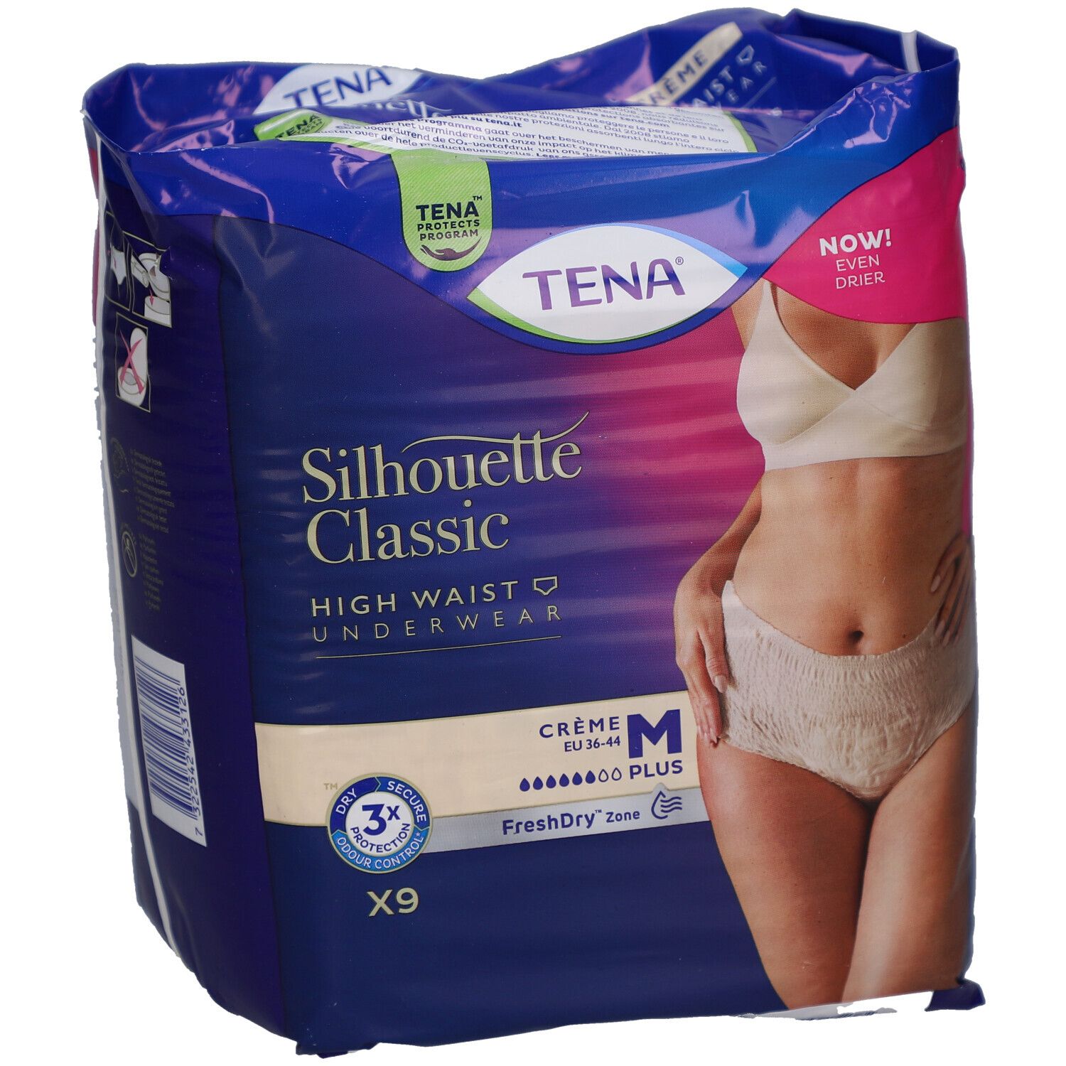Verpackung von TENA Silhouette Classic Plus M creme. Zeigt ein Model. Enthält 9 Stück. Mit FreshDry Zone.