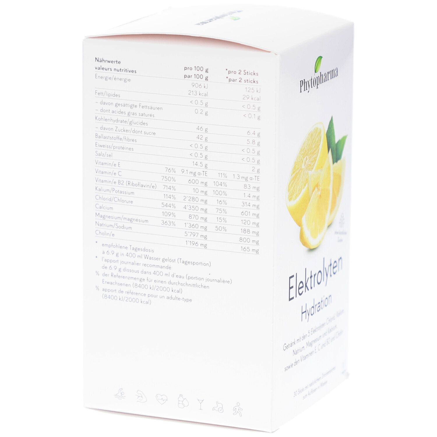 Rückseite der Verpackung mit Nährwertangaben. Enthält Informationen pro 100g und pro 2 Sticks. Marke: Phytopharma.