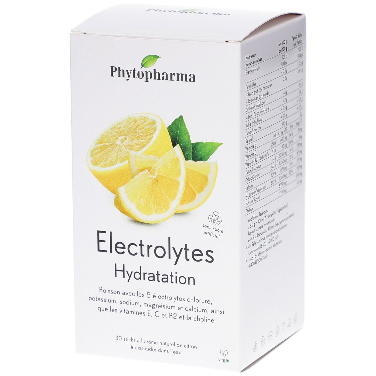 Weiße Verpackung mit Zitronen-Illustration und Schriftzug 'Electrolytes Hydratation'. Enthält 30 Sticks. Vegan.