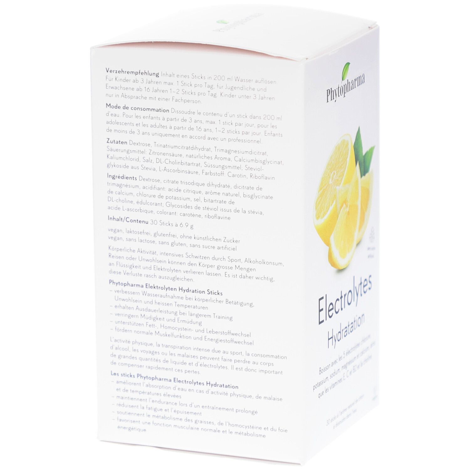 Rückseite der Verpackung mit Verzehrempfehlung und Zutatenliste. Marke: Phytopharma. Enthält 30 Sticks.