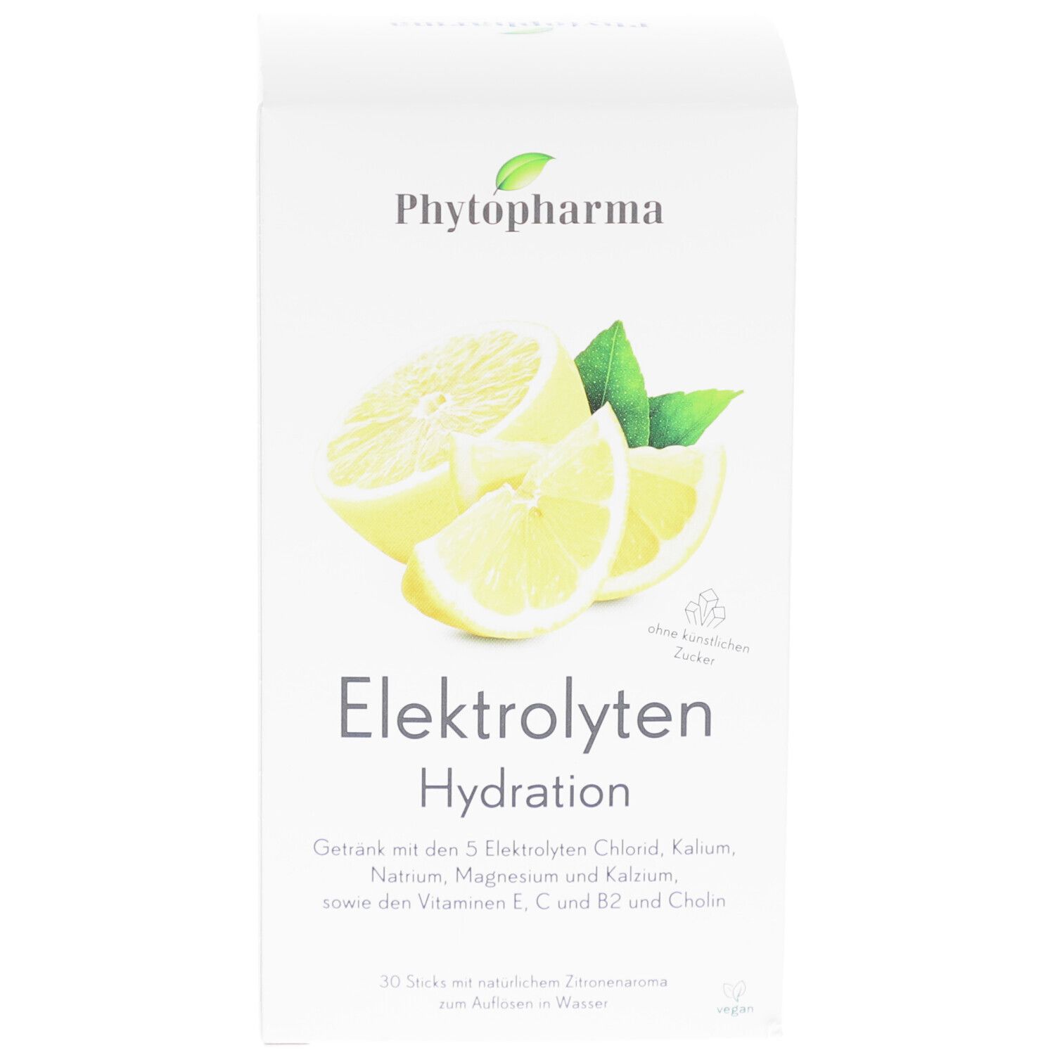 Weiße Verpackung mit Zitronen-Illustration und Schriftzug 'Elektrolyten Hydration'. Enthält 30 Sticks. Vegan.