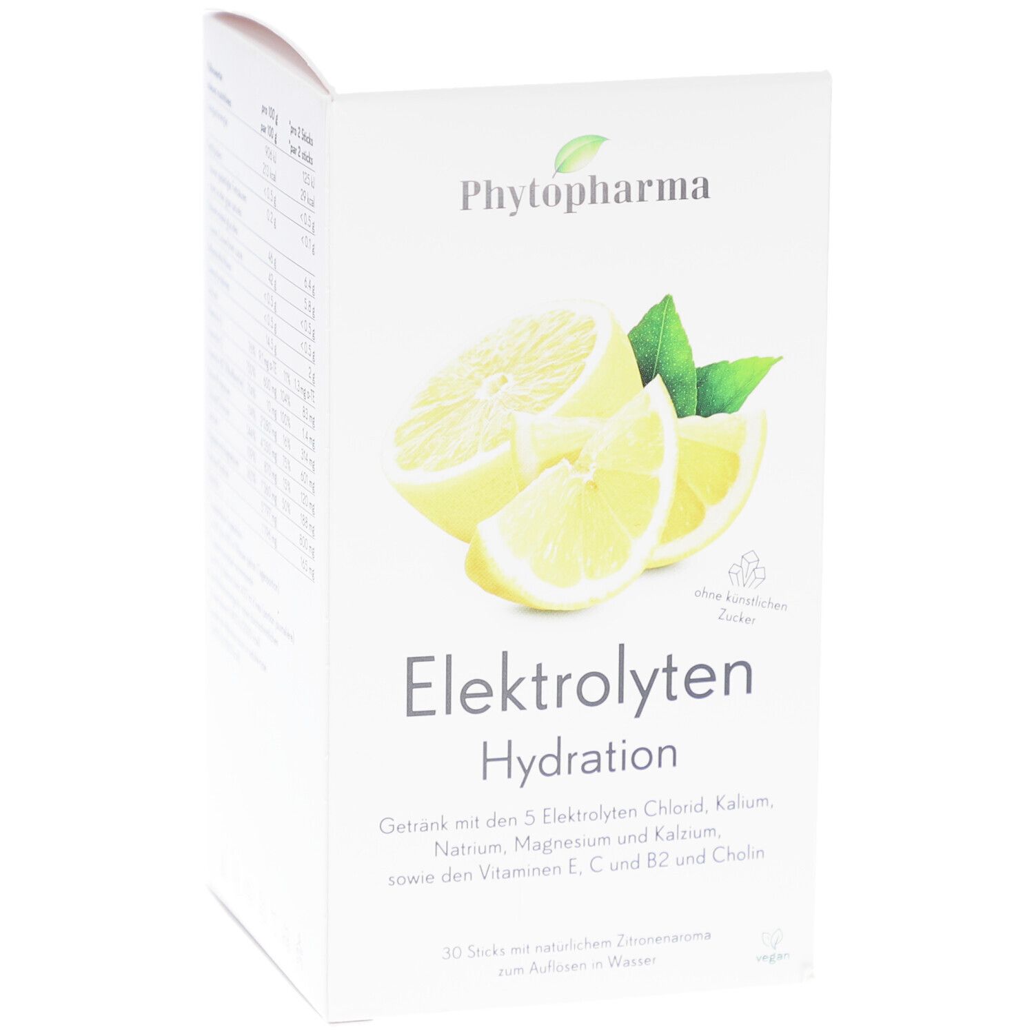Weiße Verpackung mit Zitronen-Illustration und Schriftzug 'Elektrolyten Hydration'. Enthält 30 Sticks. Vegan.