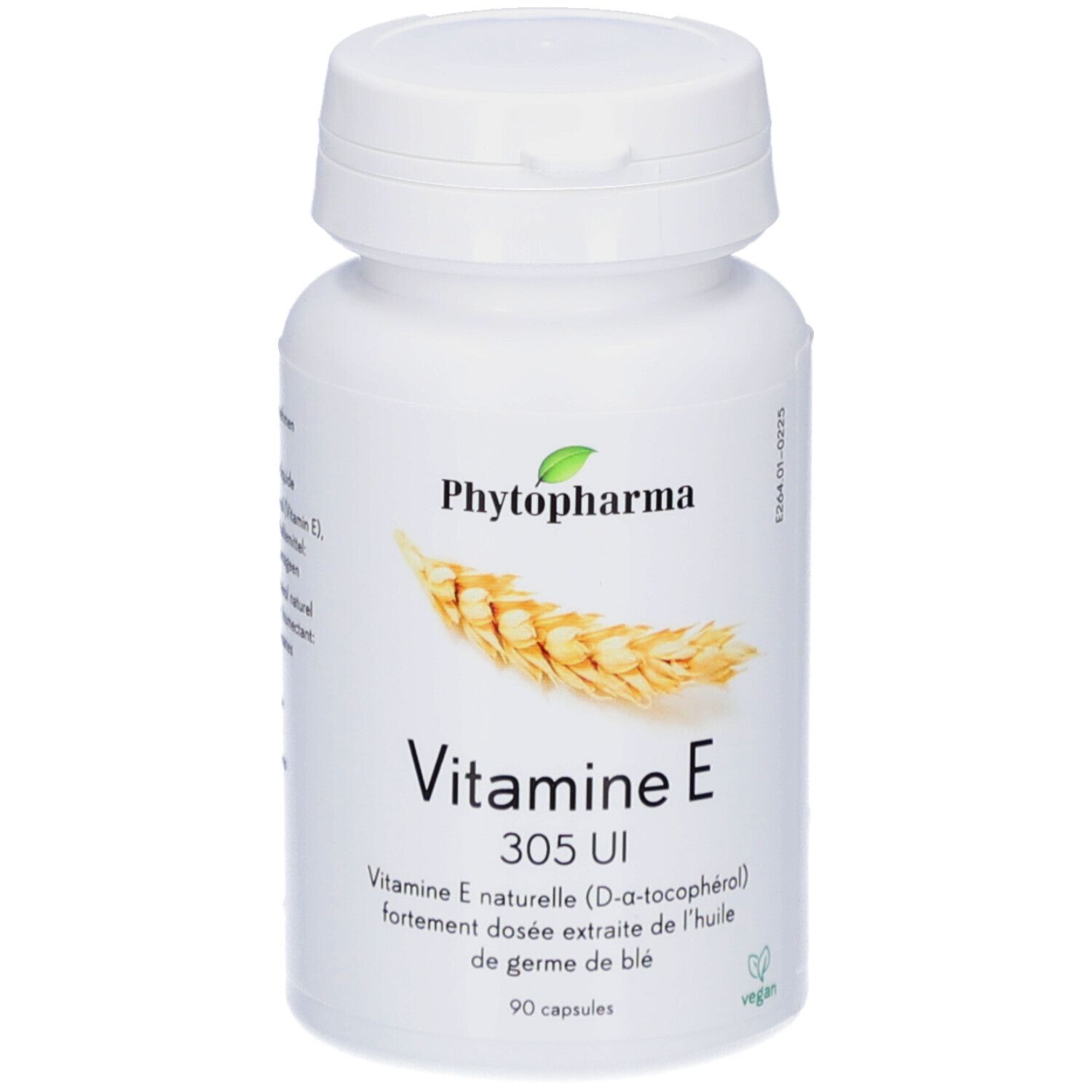 Weiße Flasche mit Schraubverschluss. Aufschrift: Phytopharma, Vitamin E 305 UI. 90 Kapseln. Abbildung von Weizenähren.