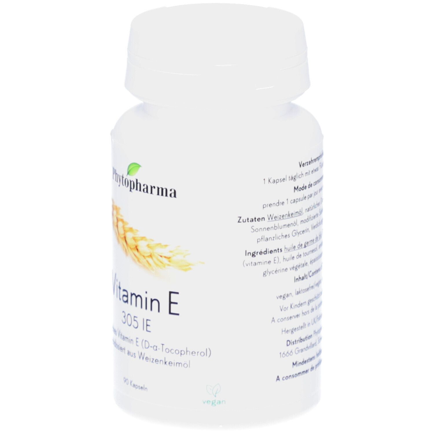 Weiße Flasche mit Schraubverschluss. Aufschrift: Phytopharma, Vitamin E 305 IE. 90 Kapseln. Abbildung von Weizenähren.