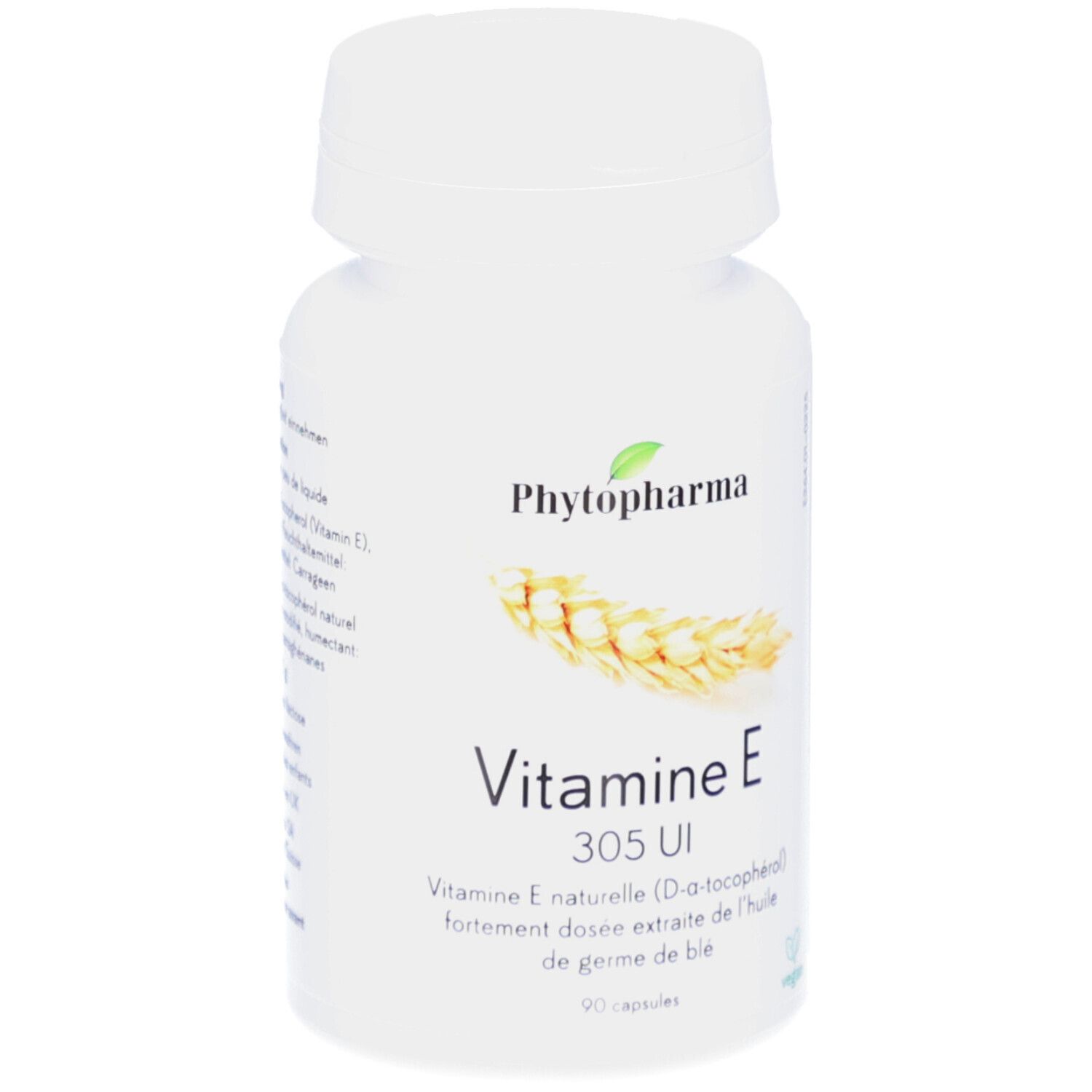 Weiße Flasche mit Schraubverschluss. Aufschrift: Phytopharma, Vitamin E 305 UI. 90 Kapseln. Abbildung von Weizenähren.