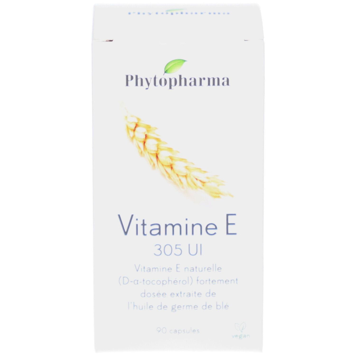 Weiße Schachtel. Aufschrift: Phytopharma, Vitamin E 305 UI. 90 Kapseln. Abbildung von Weizenähren.