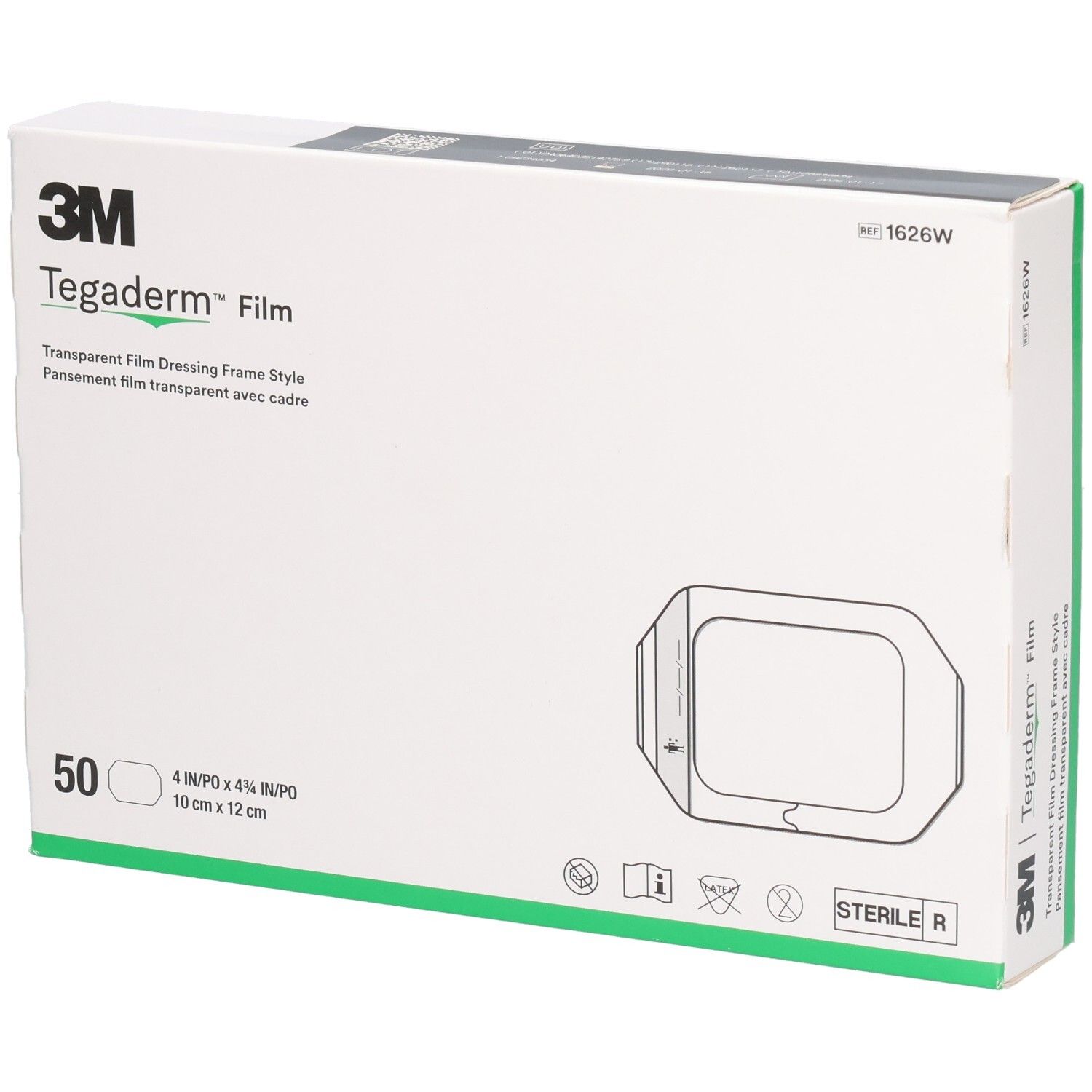 Verpackung von 3M Tegaderm Film. Enthält 50 Stück. Größe: 10 cm x 12 cm. Sterile Ausführung.