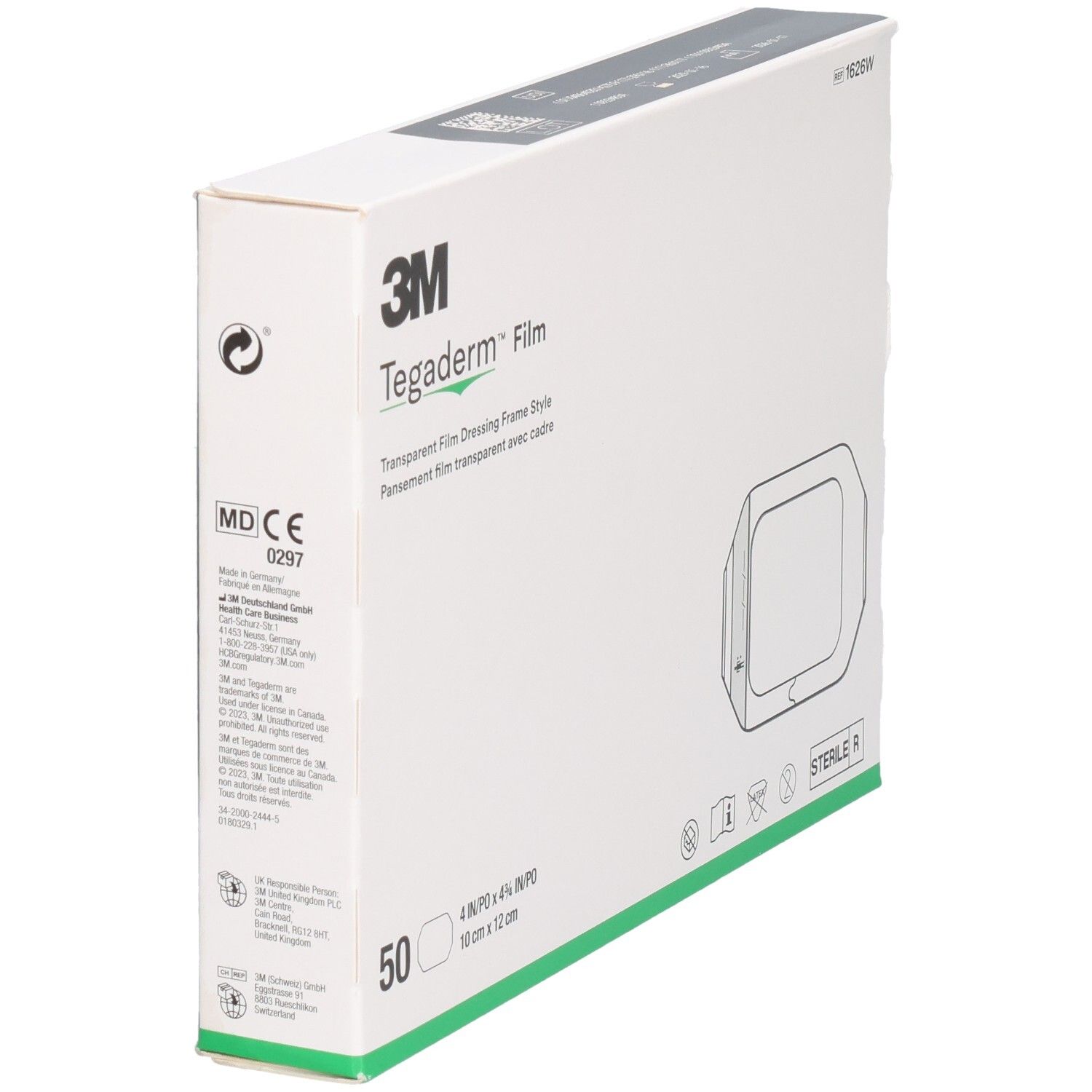 Verpackung von 3M Tegaderm Film. Enthält 50 Stück. Größe: 10 cm x 12 cm. Mit CE-Kennzeichnung.