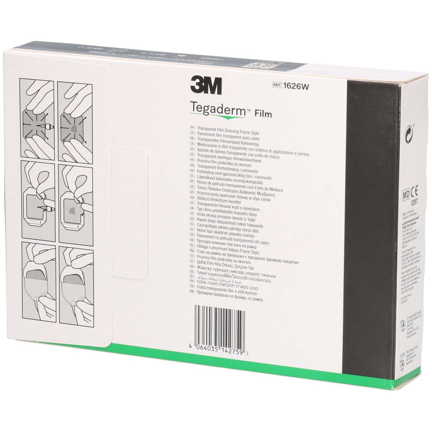 Rückseite der Verpackung von 3M Tegaderm Film. Abbildungen zur Anwendung.