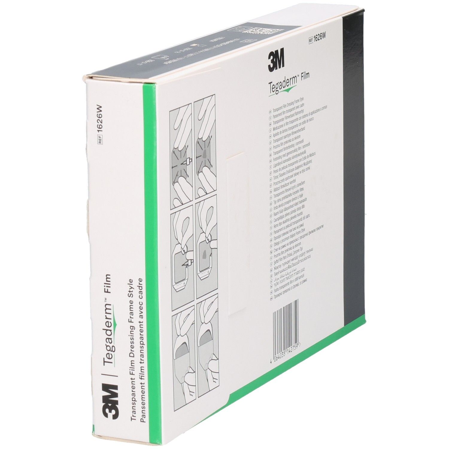 Verpackung von 3M Tegaderm Film. Enthält 50 Stück. Größe: 10 cm x 12 cm. Mit Anwendungsabbildungen.