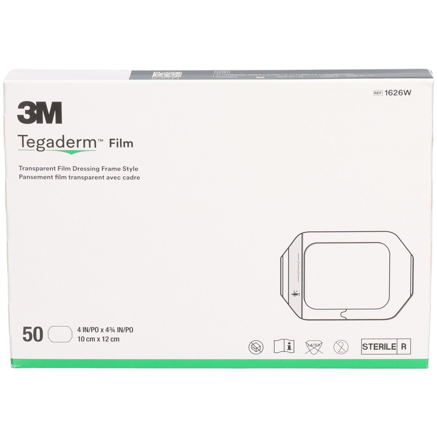 Verpackung von 3M Tegaderm Film. Enthält 50 Stück. Größe: 10 cm x 12 cm. Sterile Ausführung.